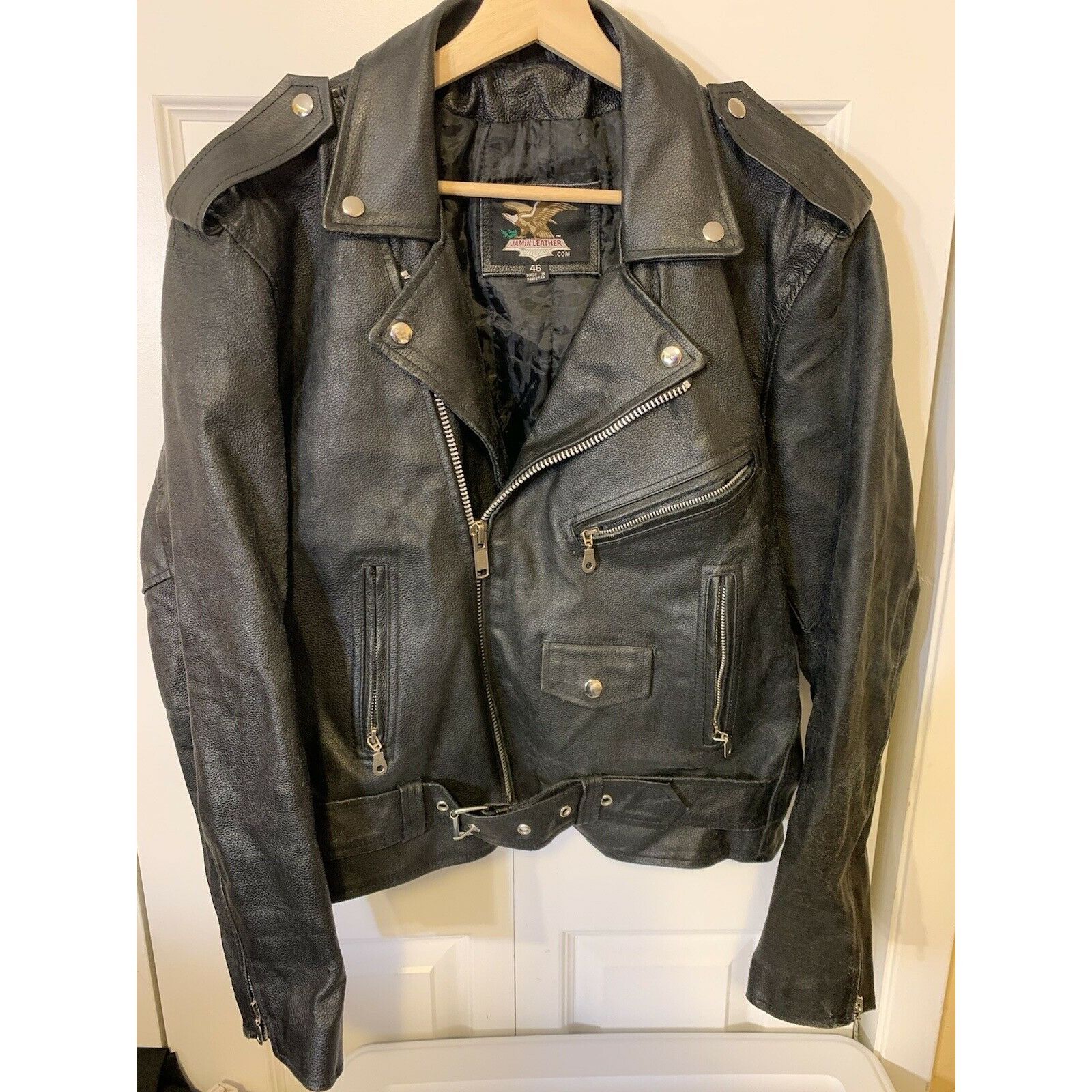 Other Jamin Leather Motorcycle Black Jacket Sz 46 w/Belt HEAVY Bik Size US XL / EU 56 / 4 - 4 Thumbnail