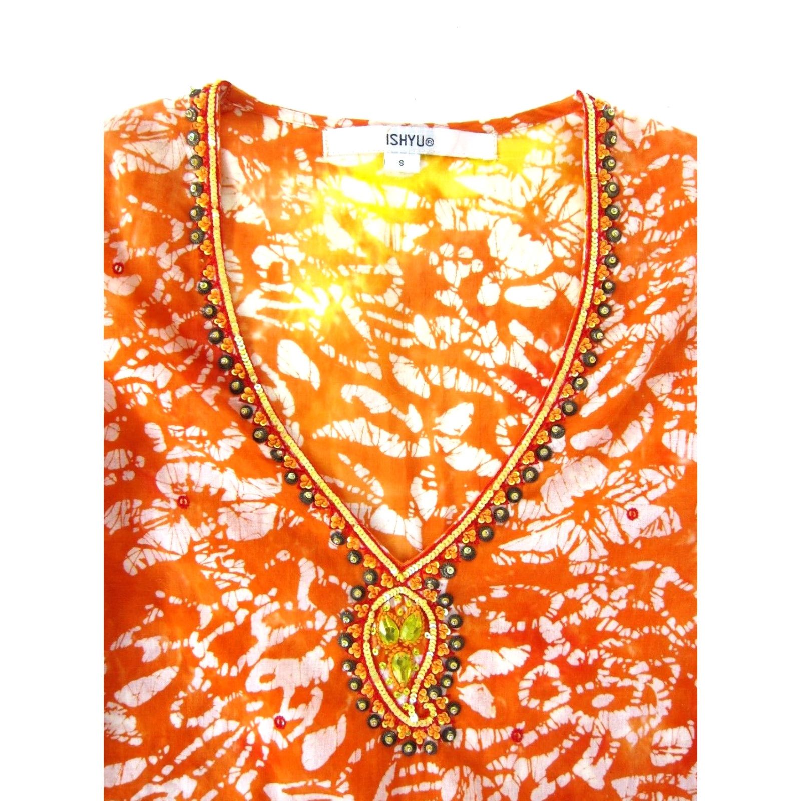 Vintage ISHYU Cotton Orange Yellow Tie Dye Beaded Long Sleeve Tunic Blouse Small Size S / US 4 / IT 40 - 4 Thumbnail