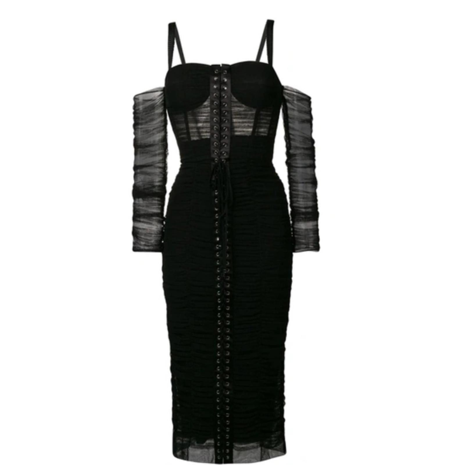 Dolce & Gabbana Dolce & Gabbana LACE-UP STRETCH-TULLE MIDI DRESS IN BLACK Size XS / US 0-2 / IT 36-38 - 2 Thumbnail