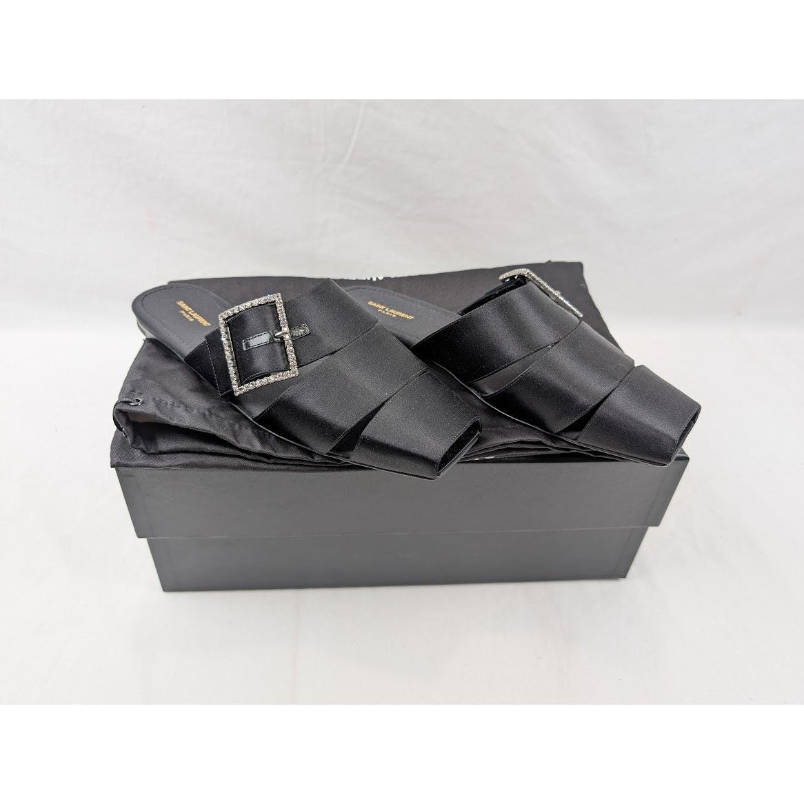 Saint Laurent Paris o1rshd1 Jacques Slide Strass Crepe Satin Sandal in Nero Size US 9 / EU 42 - 19 Thumbnail