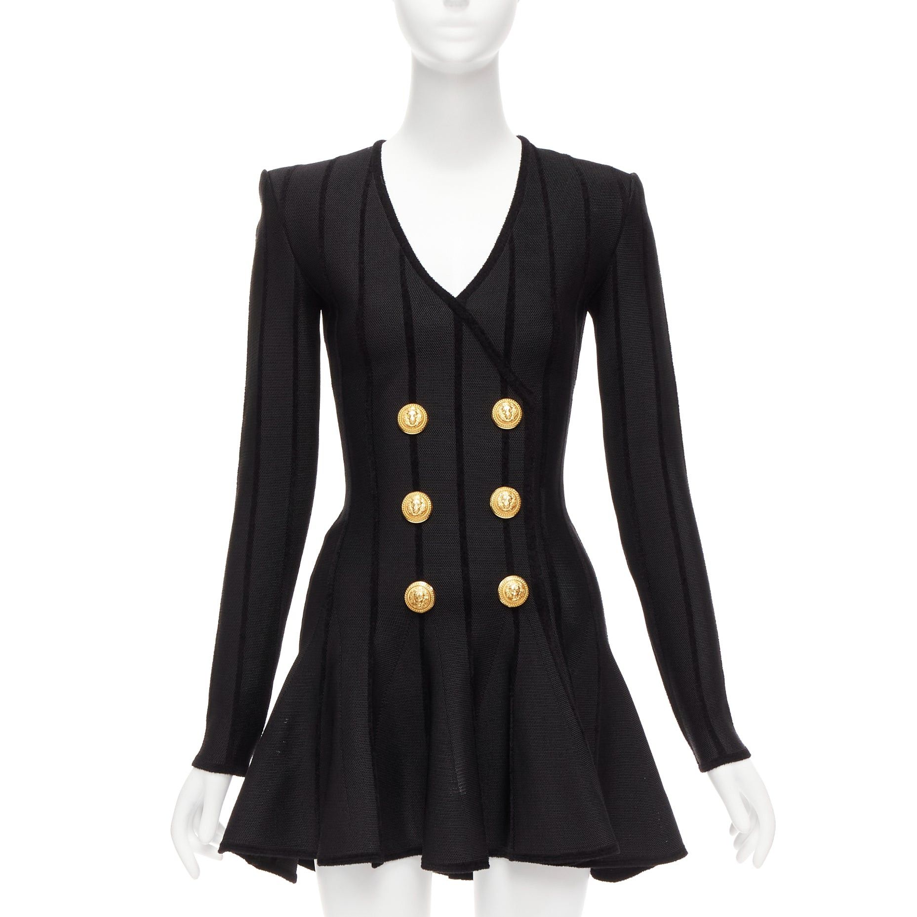 Balmain BALMAIN 2023 black striped chenille gold lion button mesh mini dress FR34 XS Size XS / US 0-2 / IT 36-38 - 1 Thumbnail
