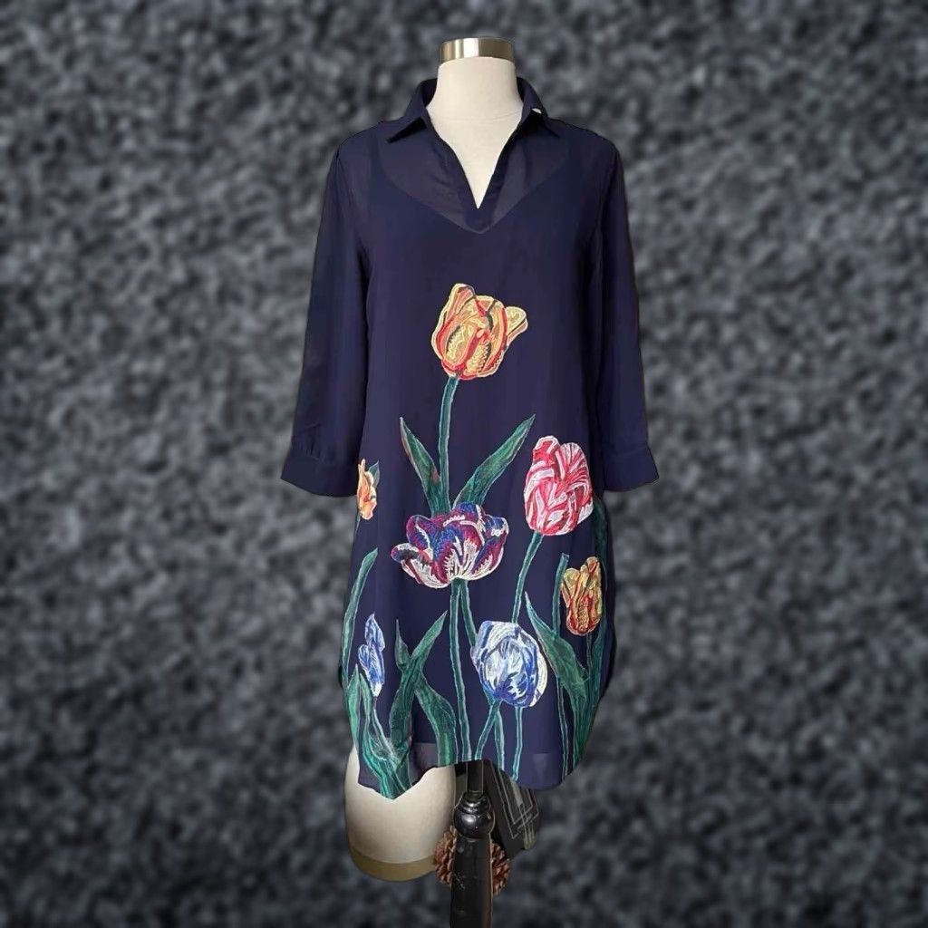 Anthropologie Anthropologie Pankaj & Nidhi Navy Blue Floral Embroidered Shift Dress Midi Sz SP Women Size S / US 4 / IT 40 - 1 Thumbnail
