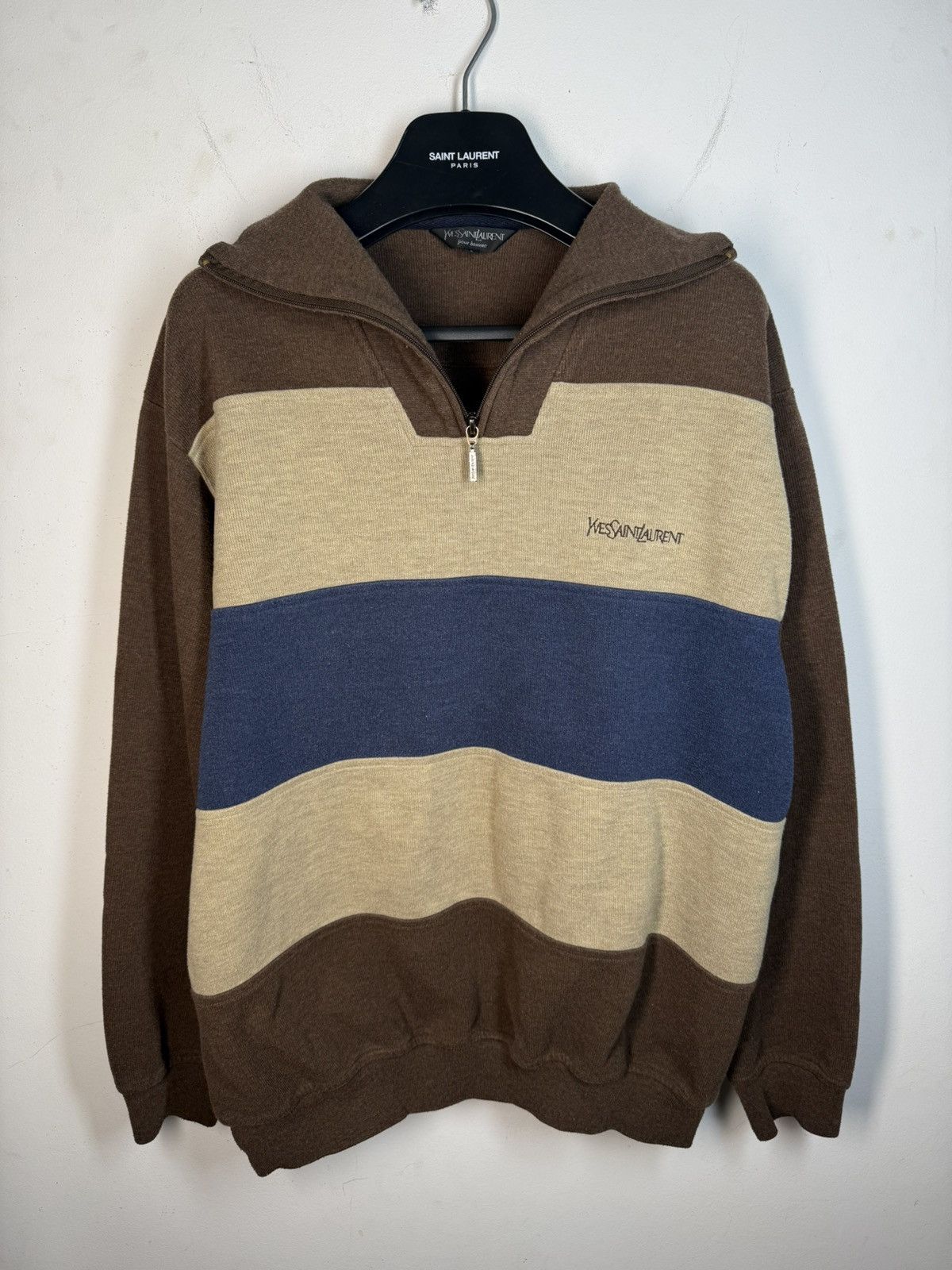 Yves Saint Laurent 90s YSL Sweatshirt 1/4 Quarter Zip Brown Vintage Sweater Size US L / EU 52-54 / 3 - 2 Thumbnail