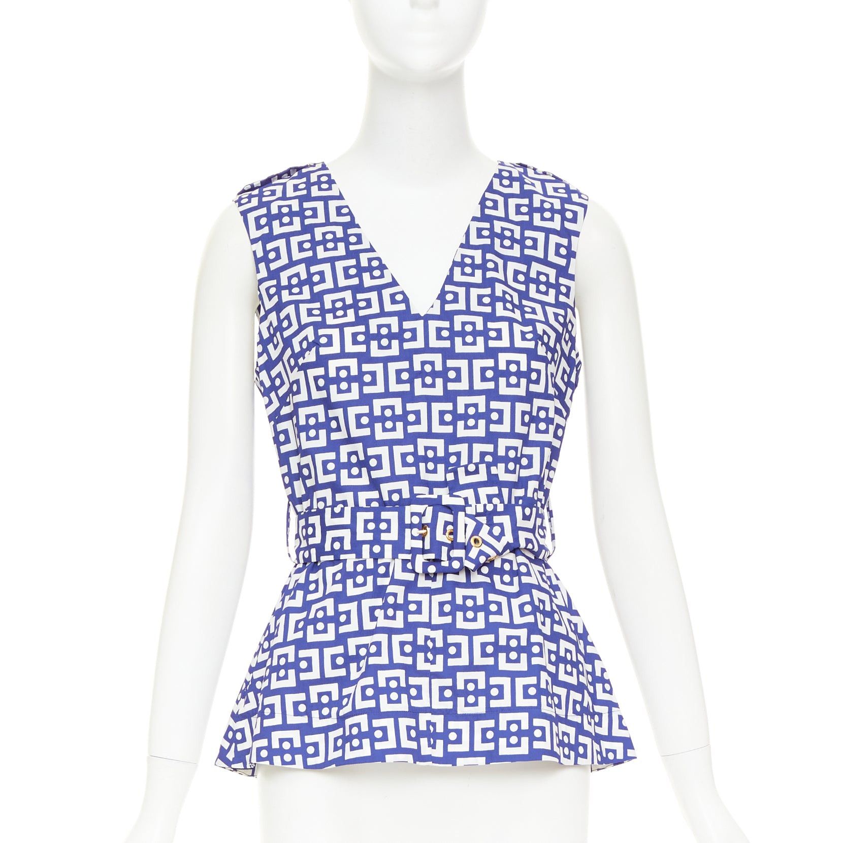 Marni MARNI 2013 blue white cotton geometric print belted peplum V-neck top IT40 S Size S / US 4 / IT 40 - 1 Thumbnail