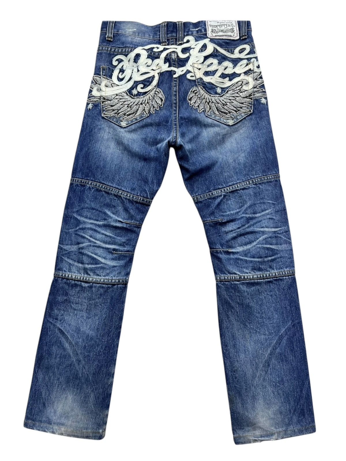 Vintage FYE🔥Vintage RED PEPPER Punk Angel Wings Big Spell-out Jeans Size 31" - 5 Thumbnail
