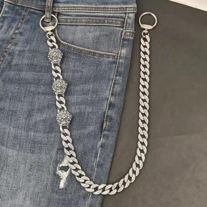 Jewelry Silver Lion Head Rhinestone Cuban Pants Chain Size ONE SIZE - 3 Thumbnail
