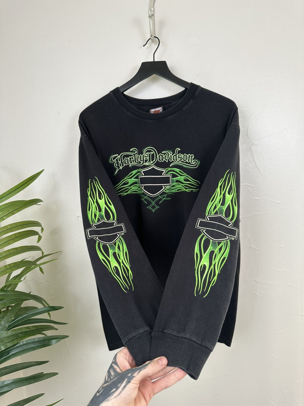 Harley Davidson × Vintage (XL) SICK GREEN FLAMES Harley Davidson Longsleeve Tee Size US XL / EU 56 / 4 - 2 Thumbnail