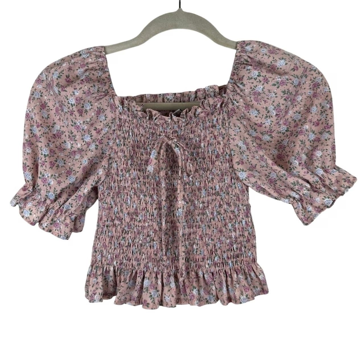 Vintage Independent Cropped Pink Floral Smocked Top with Puffy and Ruffled Sleeve Tie Bow XS/S Blouse Womens Size XS / US 0-2 / IT 36-38 - 2 Thumbnail