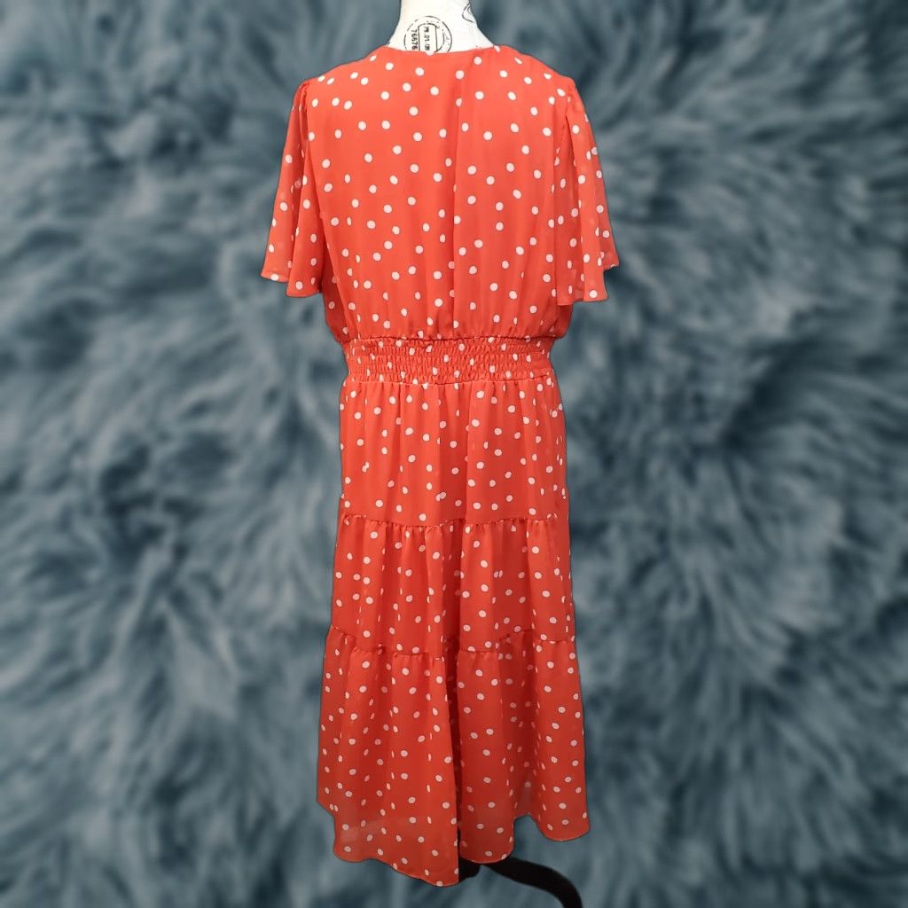 Vintage Danny and Nicole Womens 16 Orange & White Polka Dot Tiered Dress Midi Smocked Waist V-Neck Flutter Sleeve Short Sleeve Casual Party/Cocktail Size XXL / US 16-18 / IT 52-54 - 1 Thumbnail