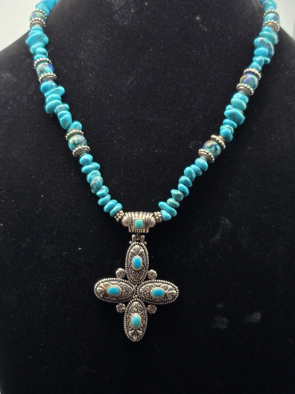 The Unbranded Brand Sterling Silver Turquoise Beaded Necklace w/ Cross Size ONE SIZE - 3 Thumbnail