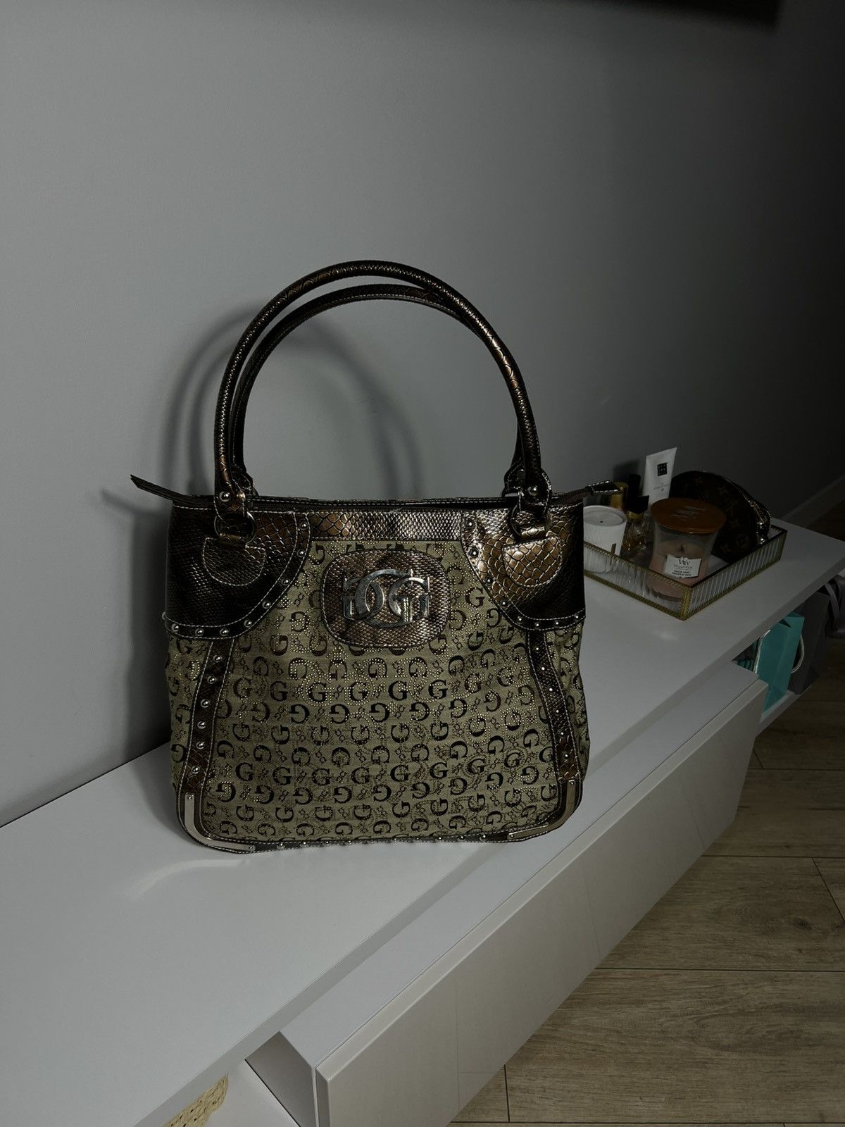 Vintage Guess Monogram Handbag with Snake Print Trim