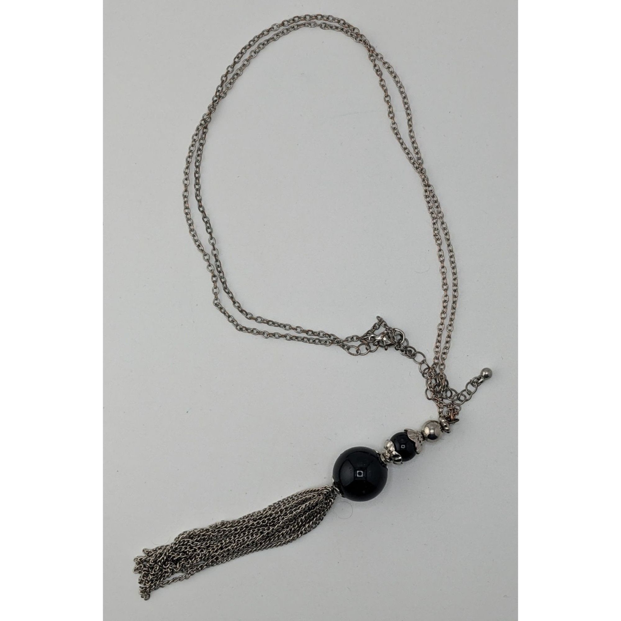 Other Boho Gothic Silver-Tone Chain Necklace With Black Beads & Ta Size ONE SIZE - 4 Thumbnail