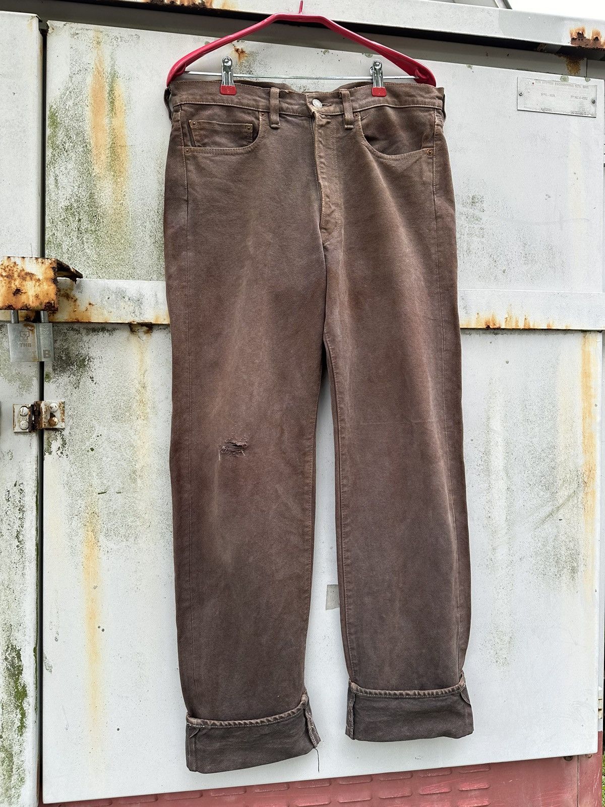 Vintage 👹Vintage THRASHED Bartack Brown Denim Size US 31 - 7 Thumbnail