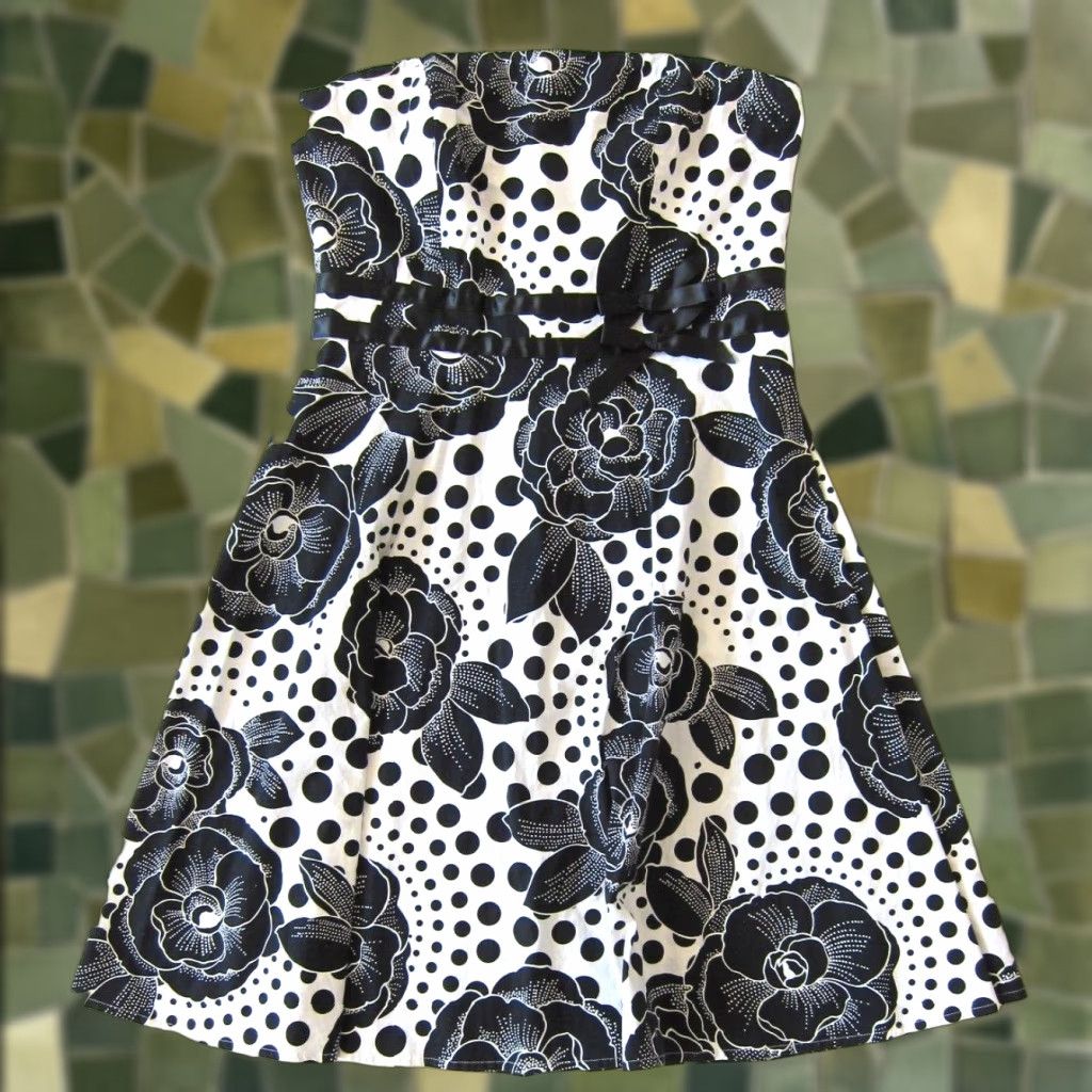 Vintage VINTAGE XOXO Collection Black White Polka Dot Floral Cotton Stretch Strapless Dress 11/L Size L / US 10 / IT 46 - 1 Thumbnail