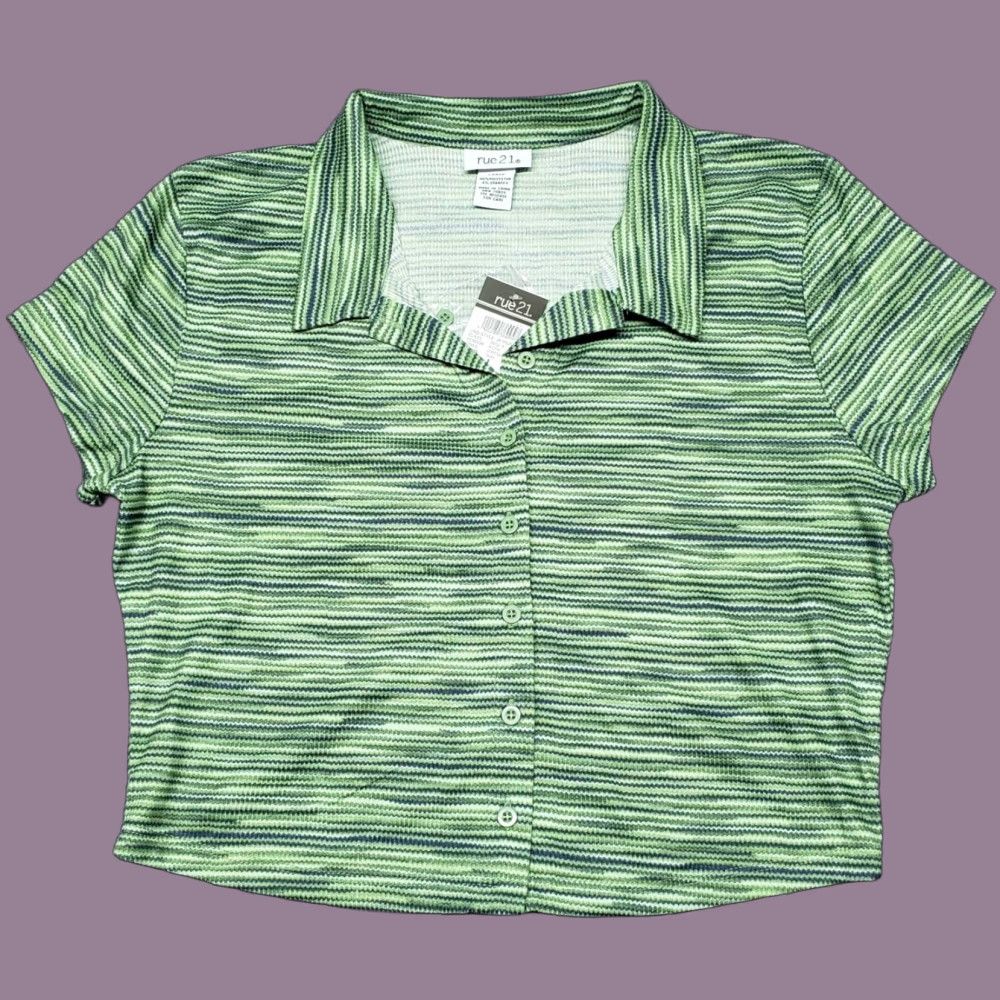 Vintage Rue21 Shirt Womens L Green Button Up Collared Space Dye Stretch Top New Size L / US 10 / IT 46 - 1 Thumbnail
