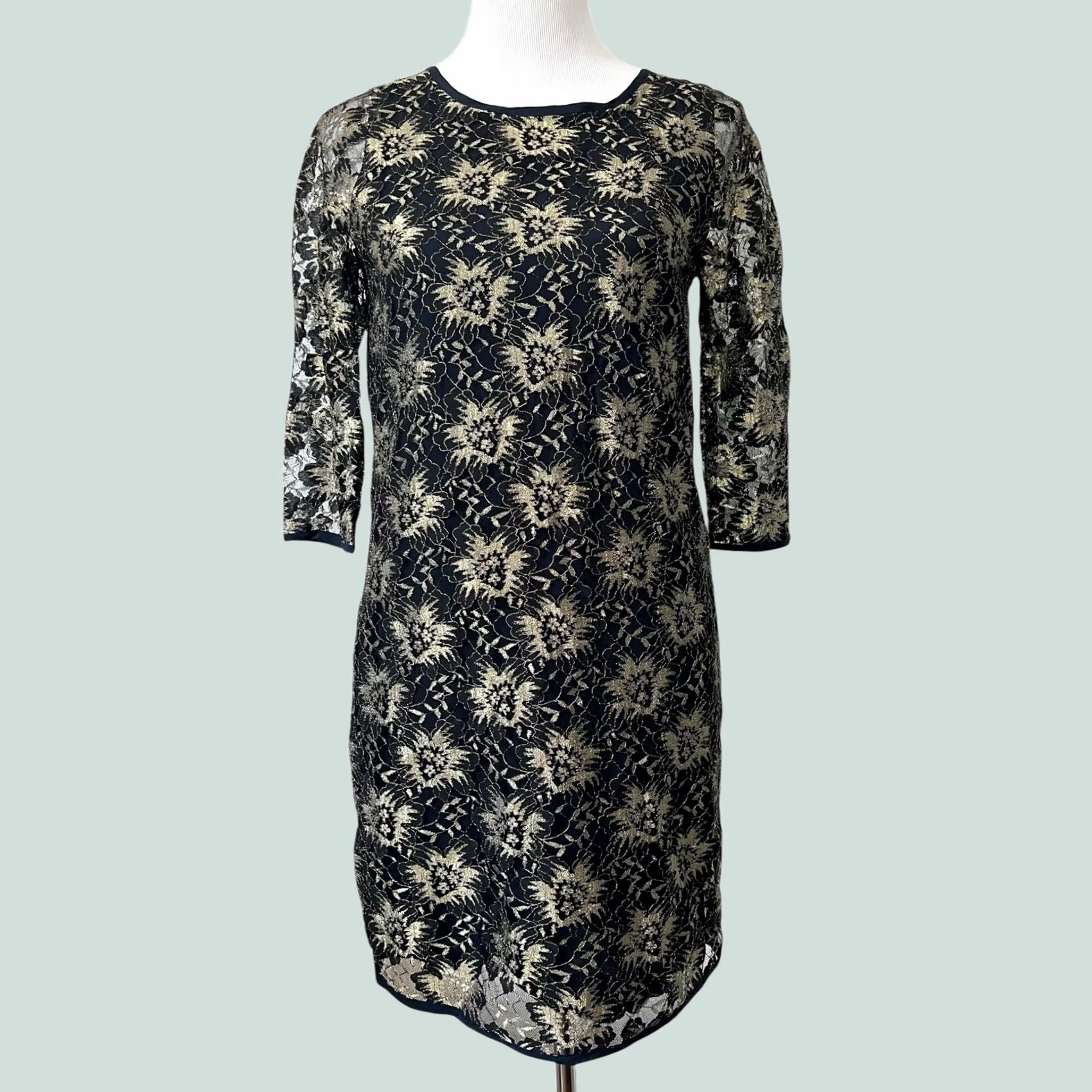 Vintage Sam & Lavi Shift Dress Sheer Lace Overlay Navy & Metallic Gold Party Glam XS Dress Women Short 3/4 Sleeve Vintage No Size XS / US 0-2 / IT 36-38 - 1 Thumbnail