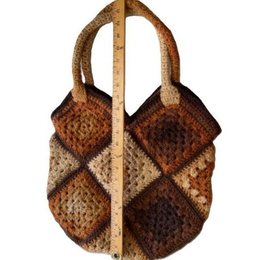 Handmade Crochet Purse Handbag Granny Square Browm Beige Lined w/ Poc Size ONE SIZE - 7 Thumbnail
