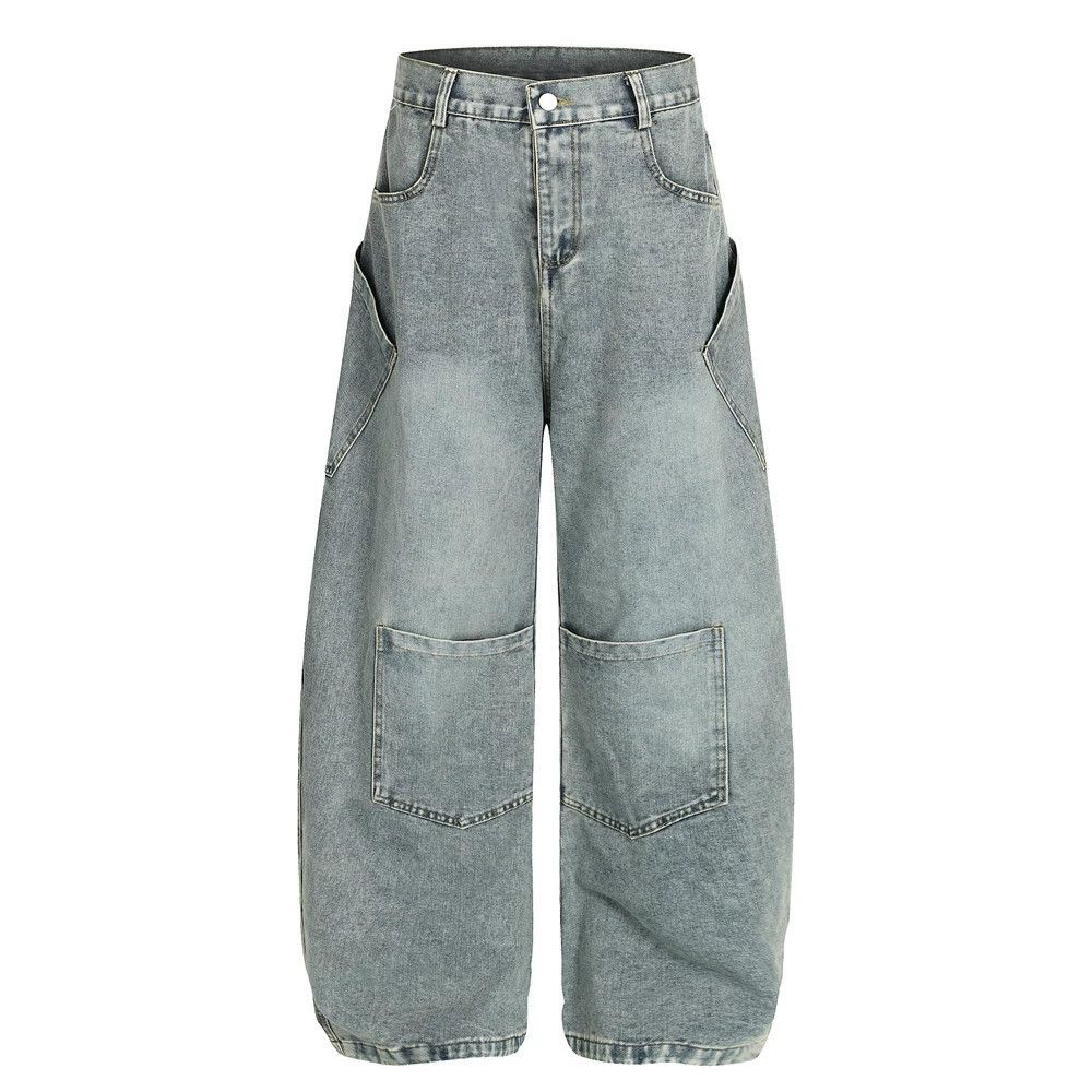 Men's loose distressed washed punk workwear scimitar jeans