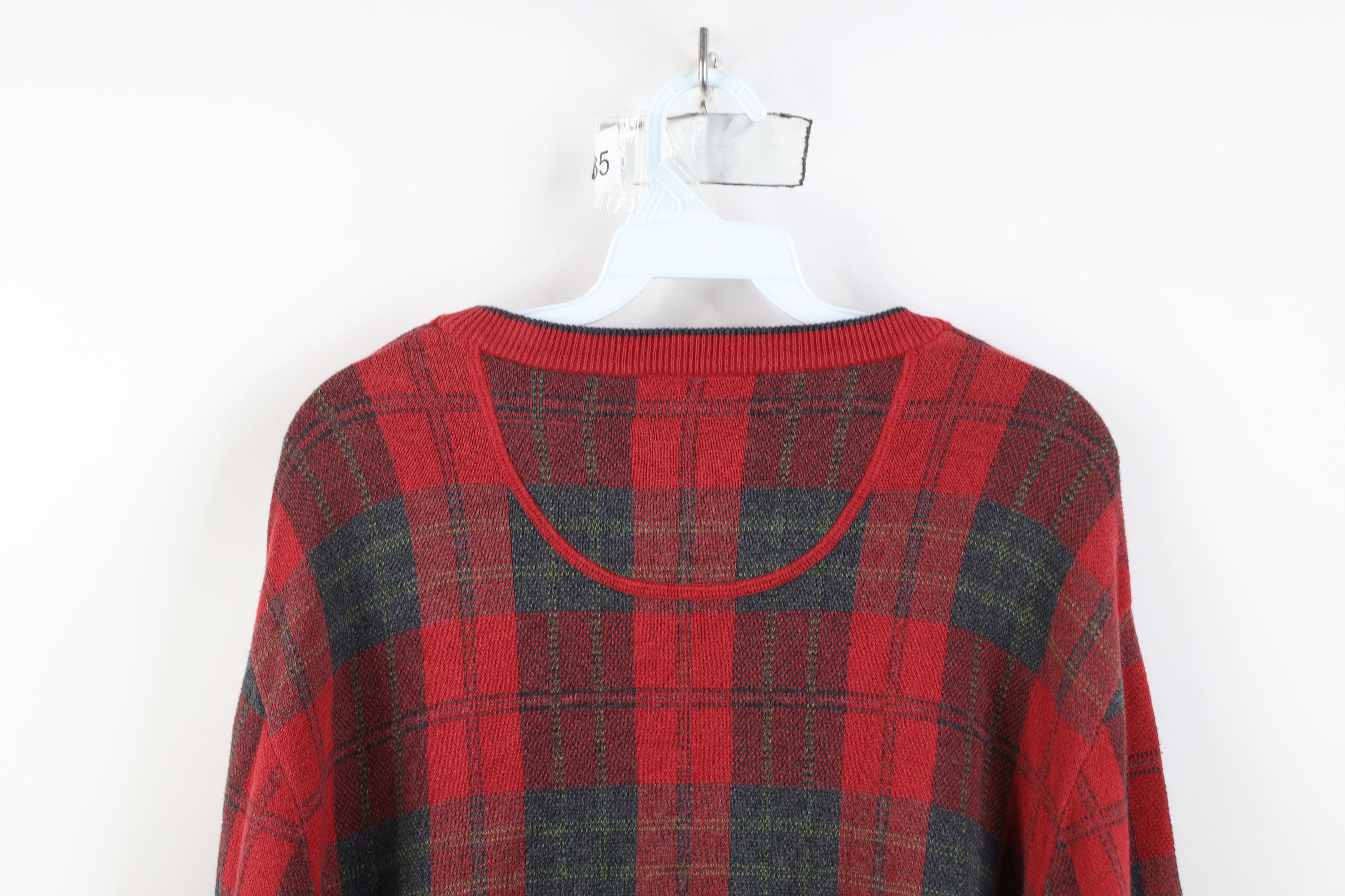 Vintage Vintage 90s Streetwear Faded Knit Crewneck Sweater Red Plaid Size US XL / EU 56 / 4 - 9 Thumbnail