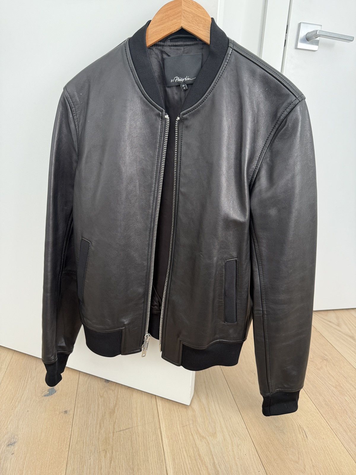 3.1 PHILLIP LIM Black Ruffle Trim Leather Jacket Size 4 NWOT
