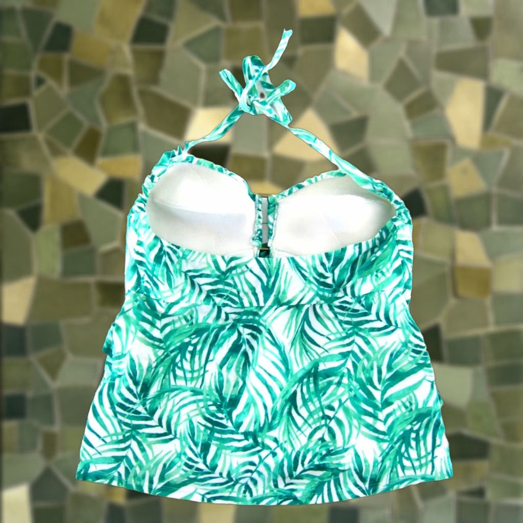 Catalina Catalina Swim Top Tankini Halter Built In Bra 1X 16W Green White Tropical Floral Women Size XL / US 12-14 / IT 48-50 - 1 Thumbnail