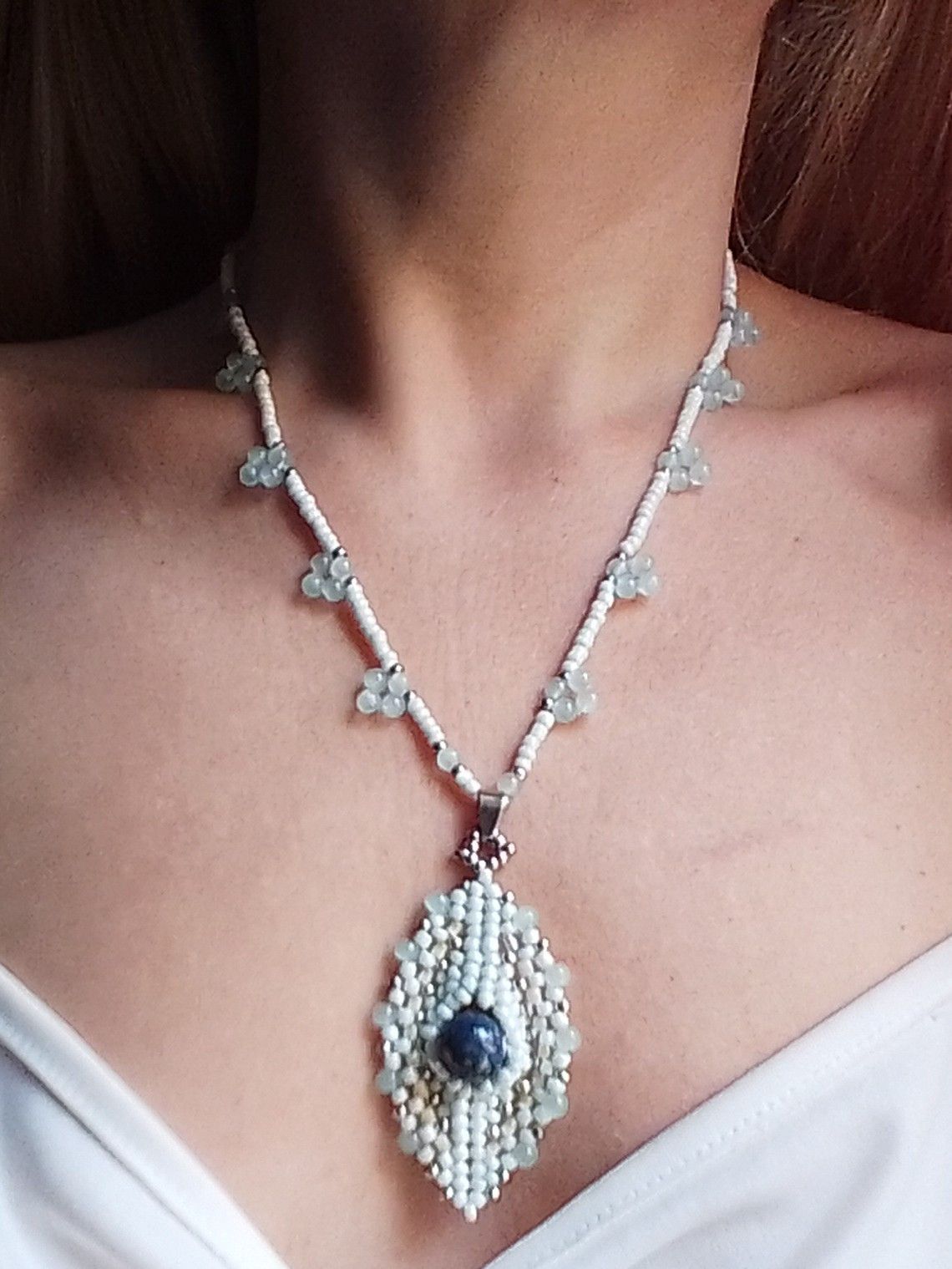 Handmade Necklace Leafy pendant Lapis lazuli gemstones Size ONE SIZE - 5 Thumbnail
