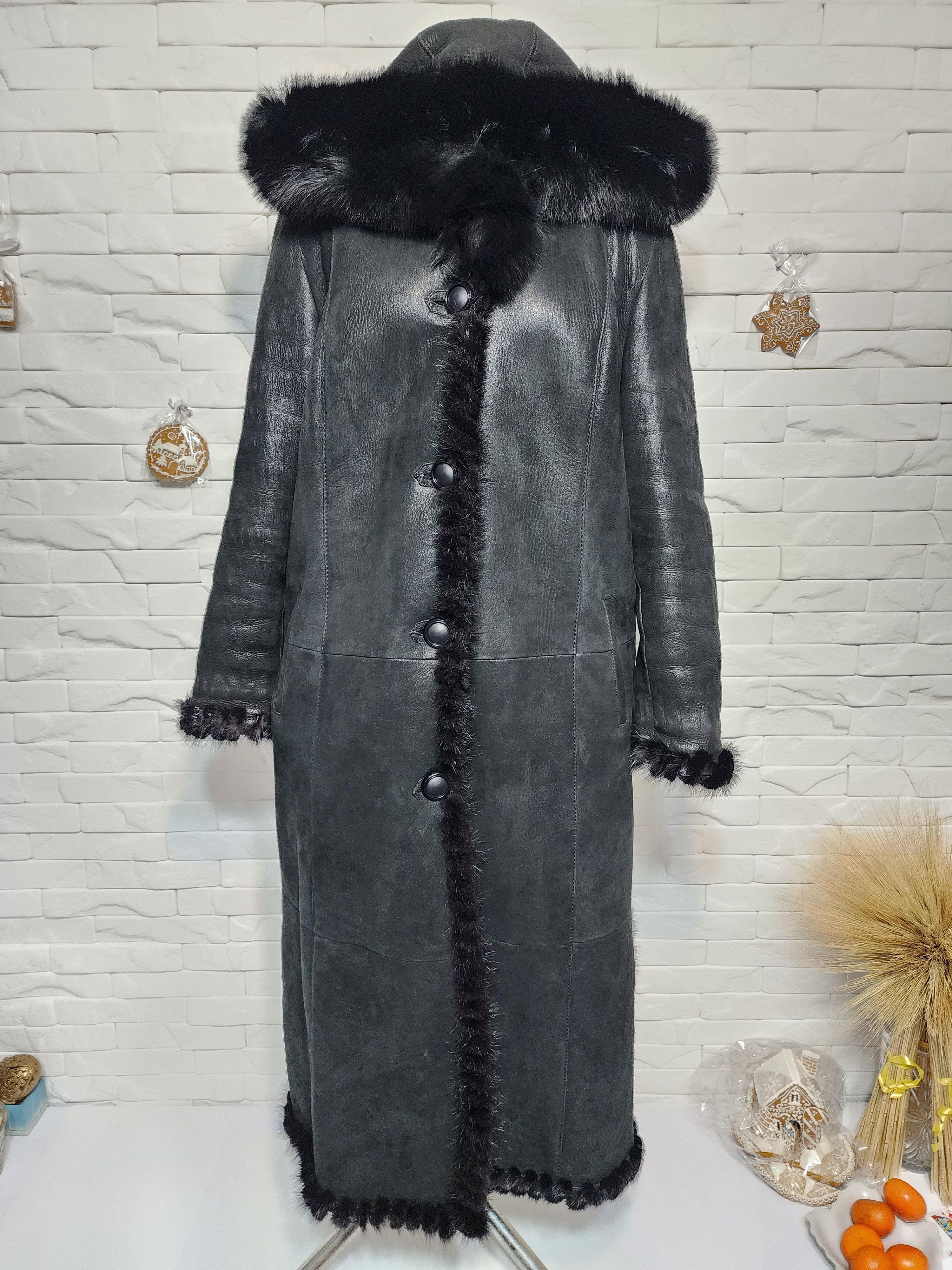 Black Sheepskin Coat: Women's Hooded Fur Coat  Button