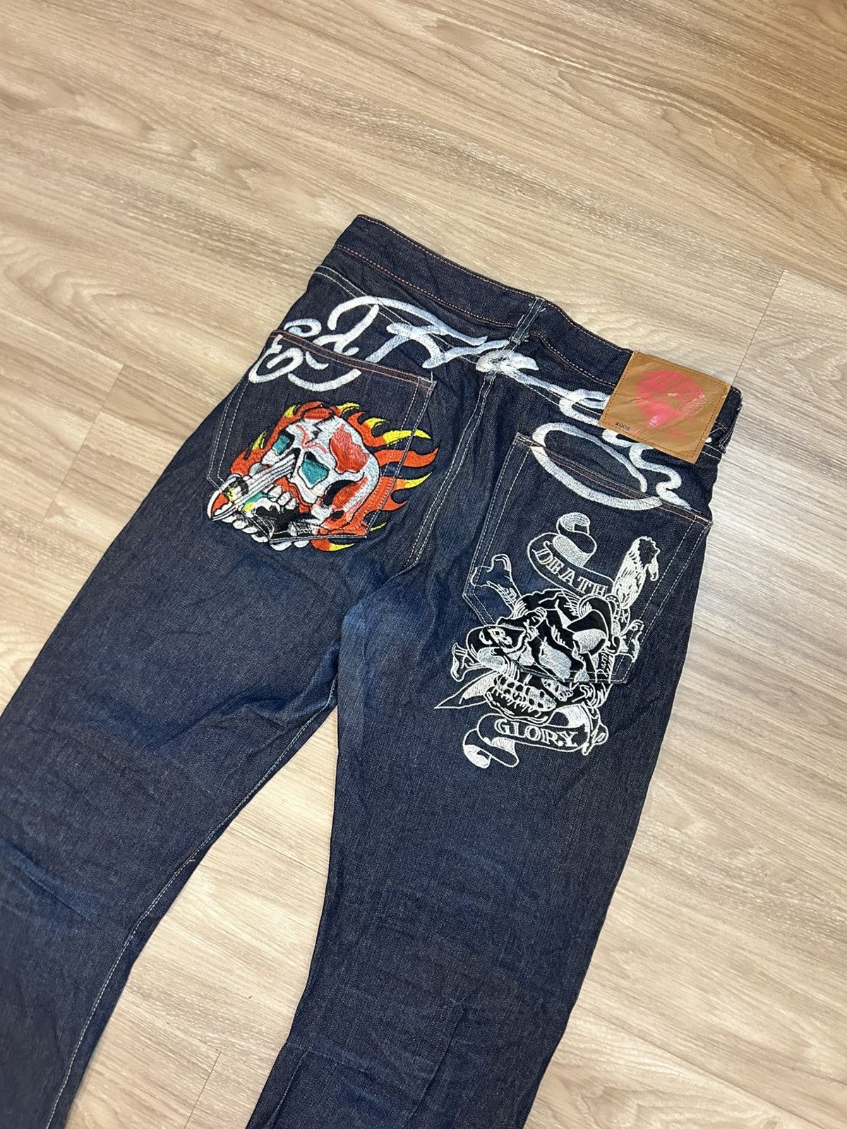 Ed Hardy RARE🔥Ed Hardy Death or Glory Flaming Skull Embroidered Size US 34 / EU 50 - 2 Thumbnail