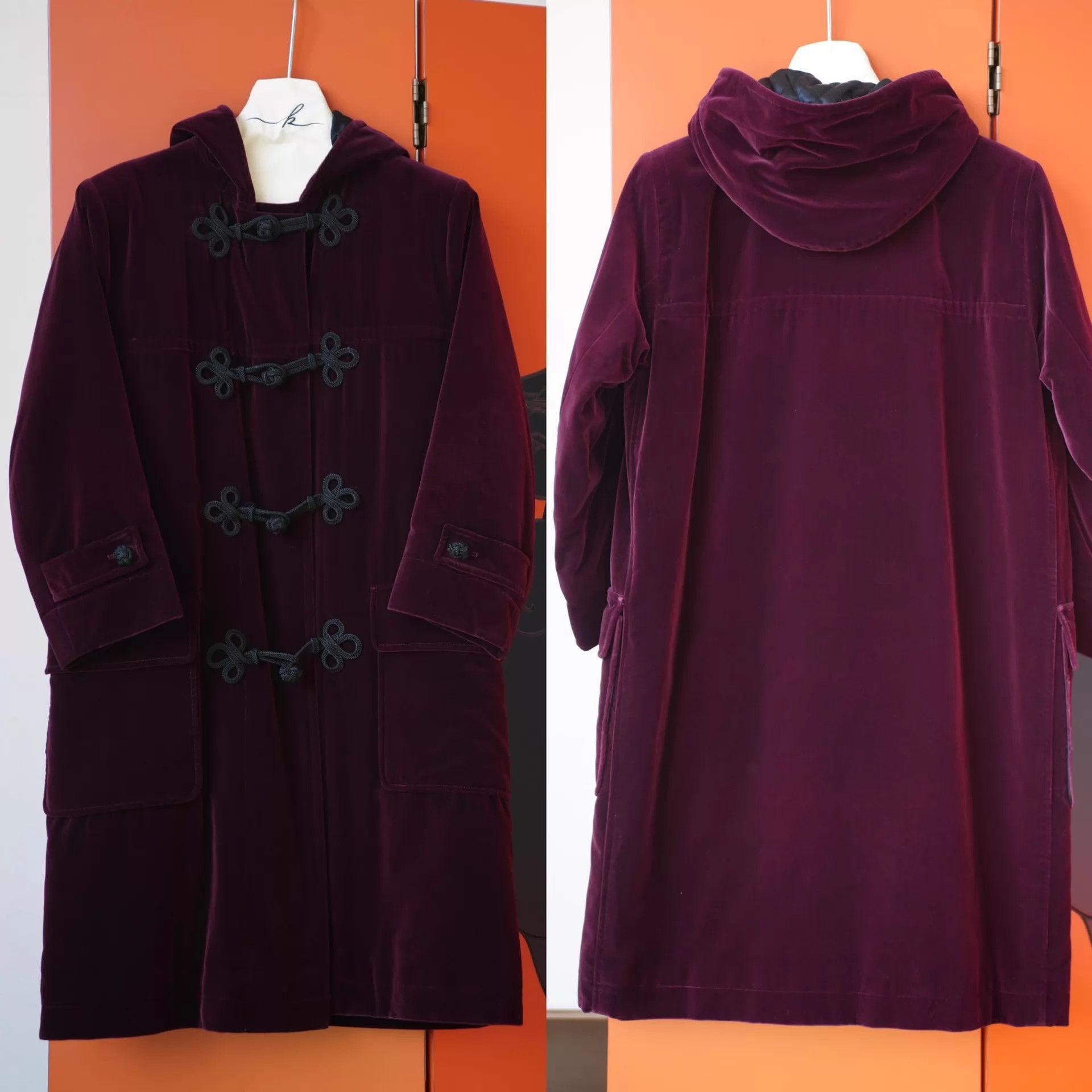 Yves Saint Laurent YSL Rive Gauche Dark Plum Velvet Quilted Hooded Coat Size XS / US 0-2 / IT 36-38 - 2 Thumbnail