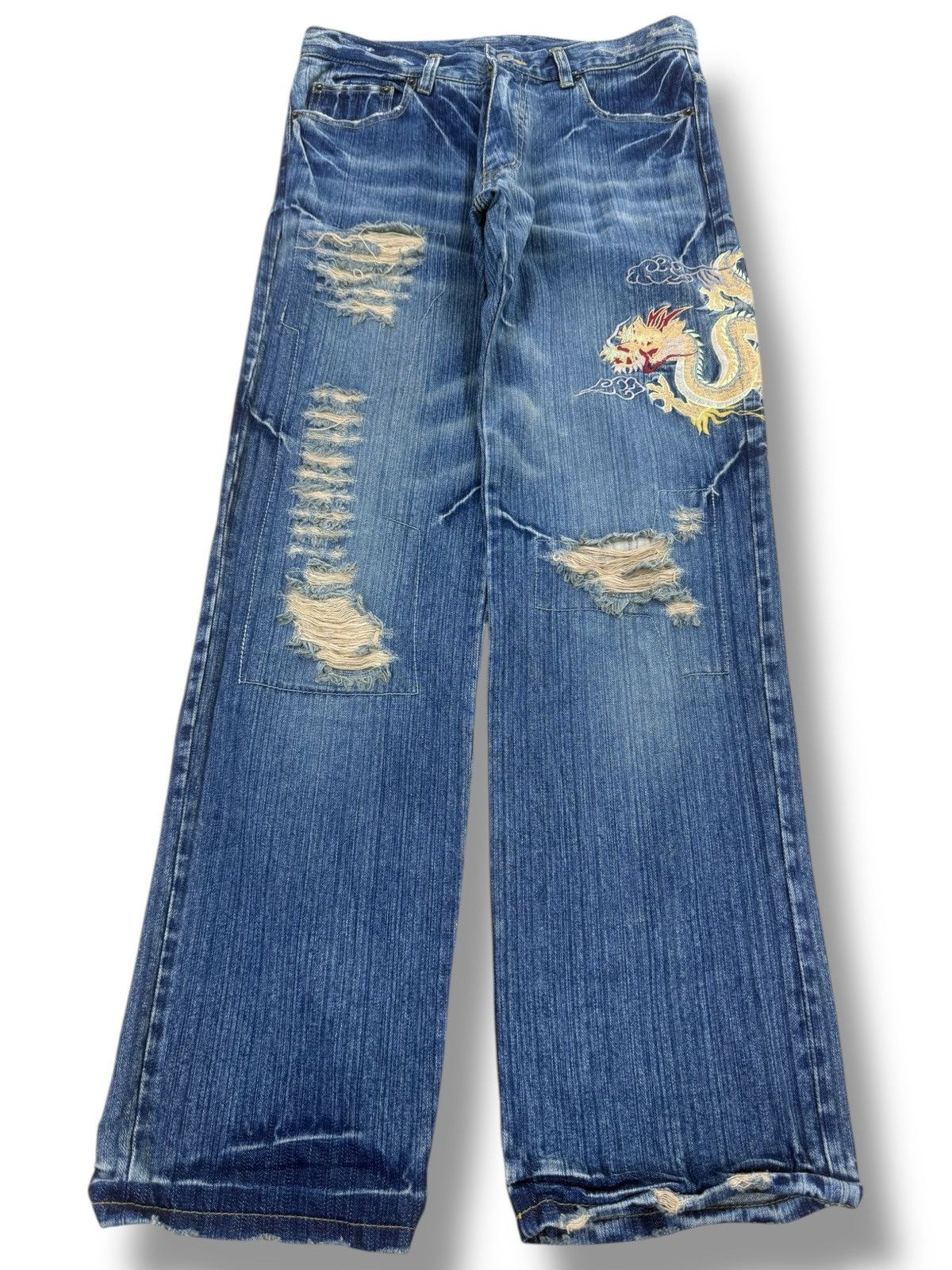 Karakuri Tamashii Vintage Karakuri Tamashii Dragon Embroidery Baggy Jeans Size US 31 - 1 Thumbnail