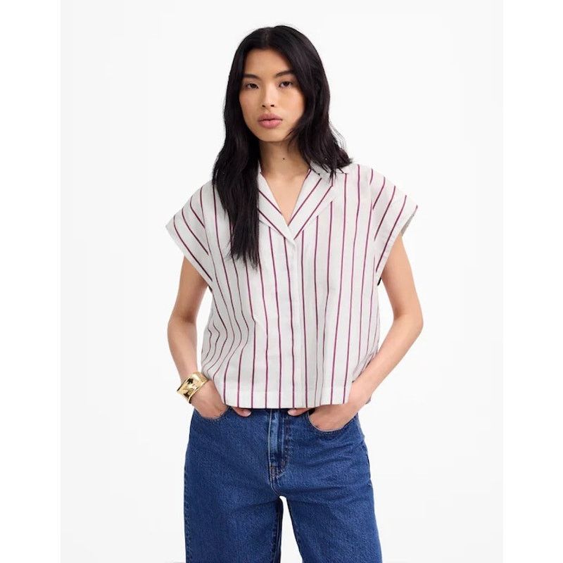 Madewell NWT Madewell Collar Shirt in Linen-Cotton Dark Rose Stripe L Size L / US 10 / IT 46 - 1 Thumbnail