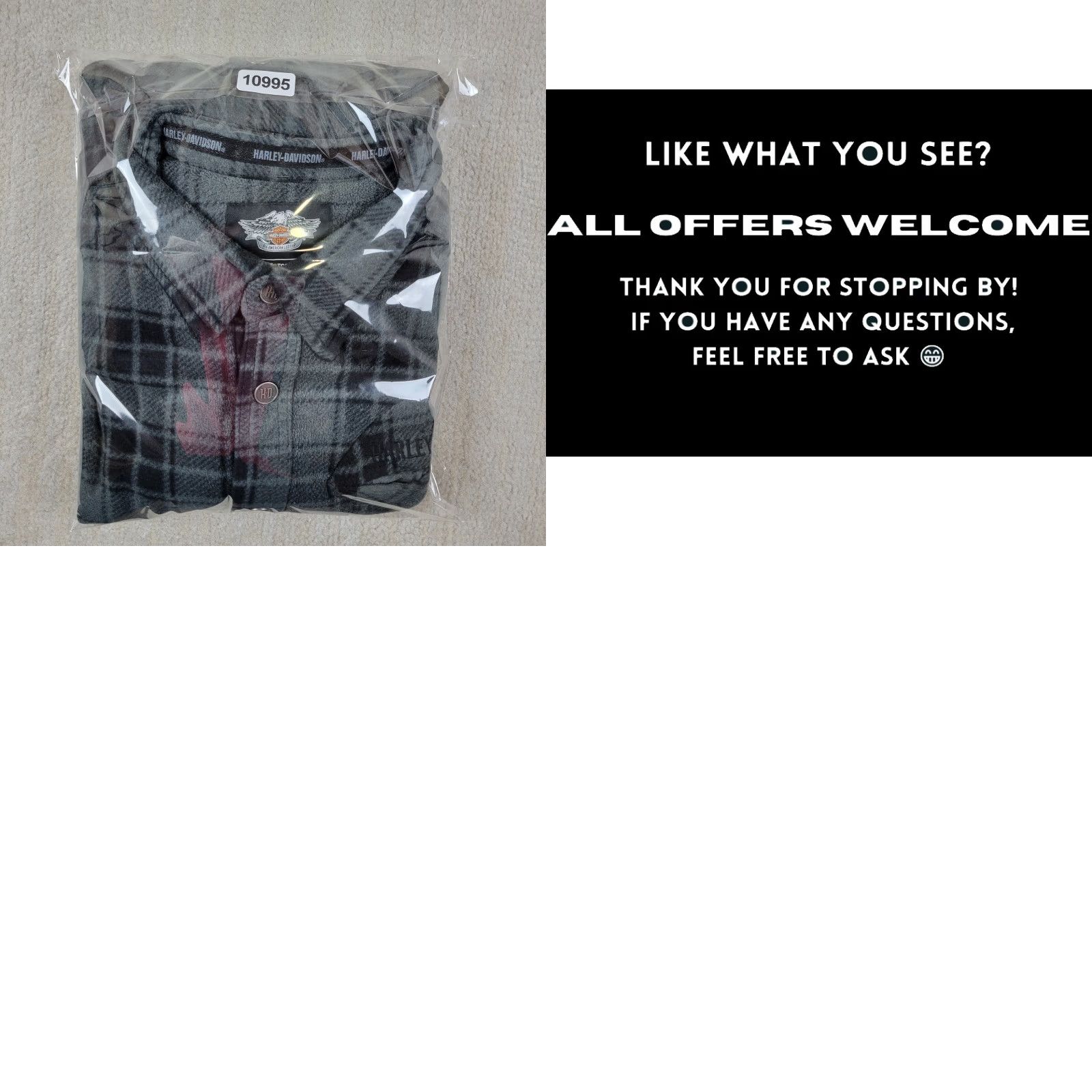 Harley Davidson Harley-Davidson Shacket Mens 2XL Plaid Gray Black Fleece Snap Shirt Jacket Shacket Size US XXL / EU 58 / 5 - 9 Thumbnail