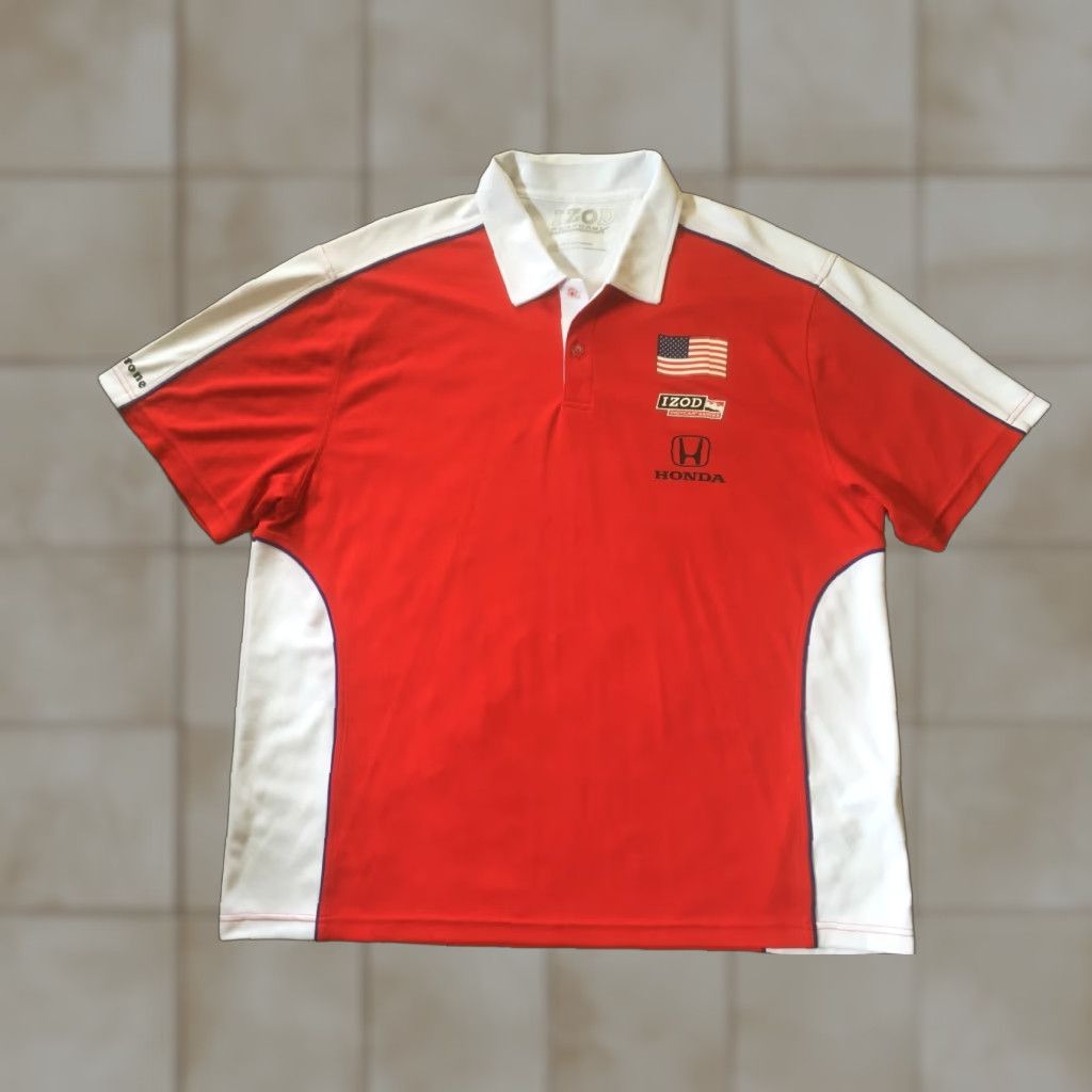 Izod VINTAGE IZOD PerformX Indy Car Racing Honda Flag USA Red White Cool FX Men's Polo XXL Black/White Polo Shirt Mens XXL Racing 90s Flags Size US XXL / EU 58 / 5 - 1 Thumbnail