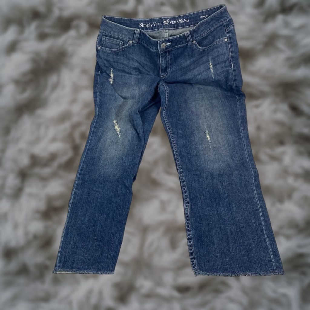 Vera Wang Vera Wang Simply Vera Womens Jeans Straight Leg Distressed Mid Rise Crop Size 12 Blue Denim 5-Pocket Mens Womens Size 34" / US 12 / IT 48 - 1 Thumbnail
