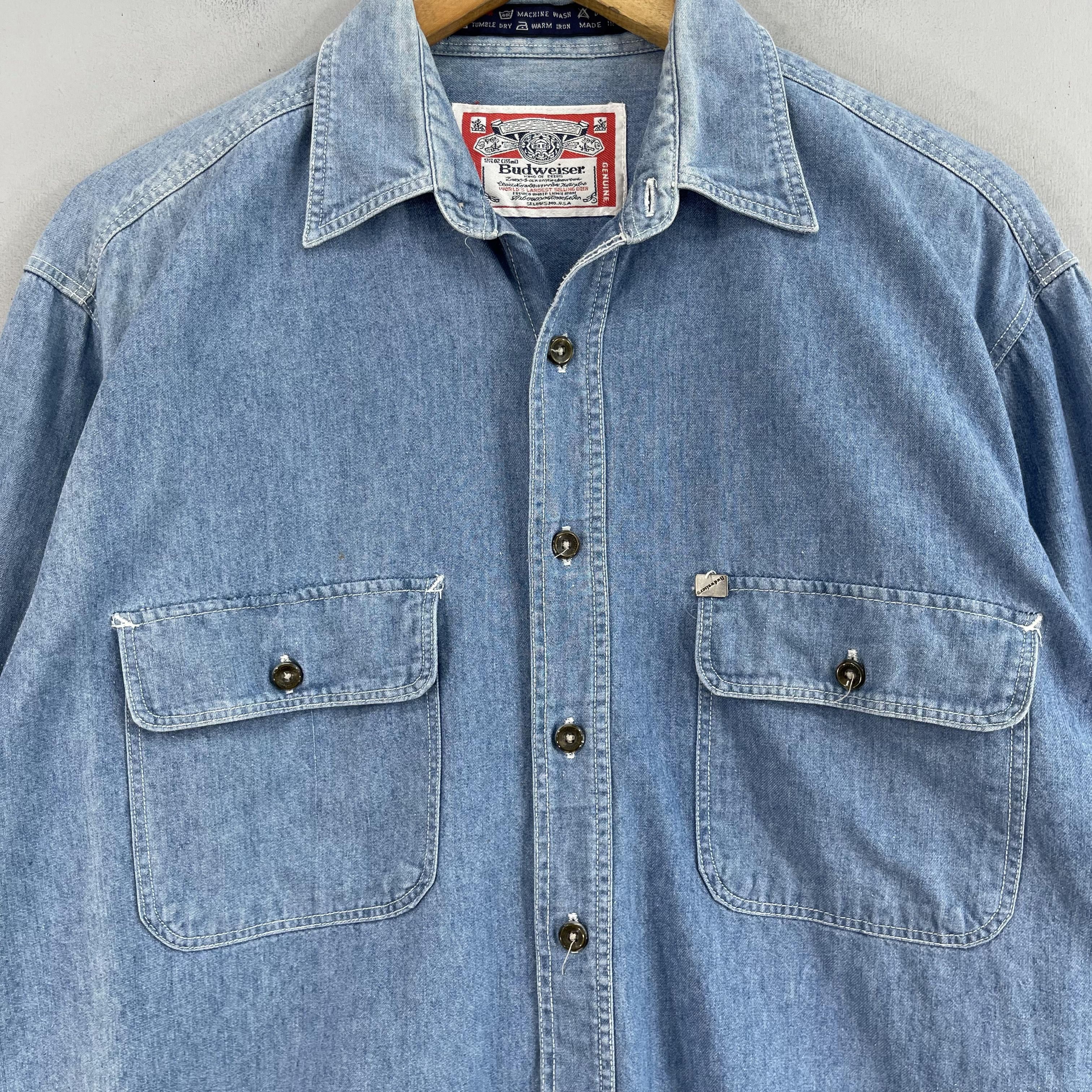Budweiser × Vintage Vintage BUDWEISER Back Hit Denim Worker Sun Faded Shirt Size US L / EU 52-54 / 3 - 2 Thumbnail