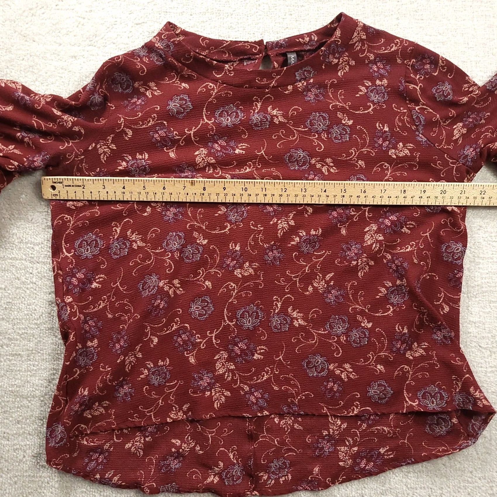 Bell Massini Womens Blouse Top Large Bell Sleeve Ruffle Floral Maroon Red L Regular Size L / US 10 / IT 46 - 3 Thumbnail