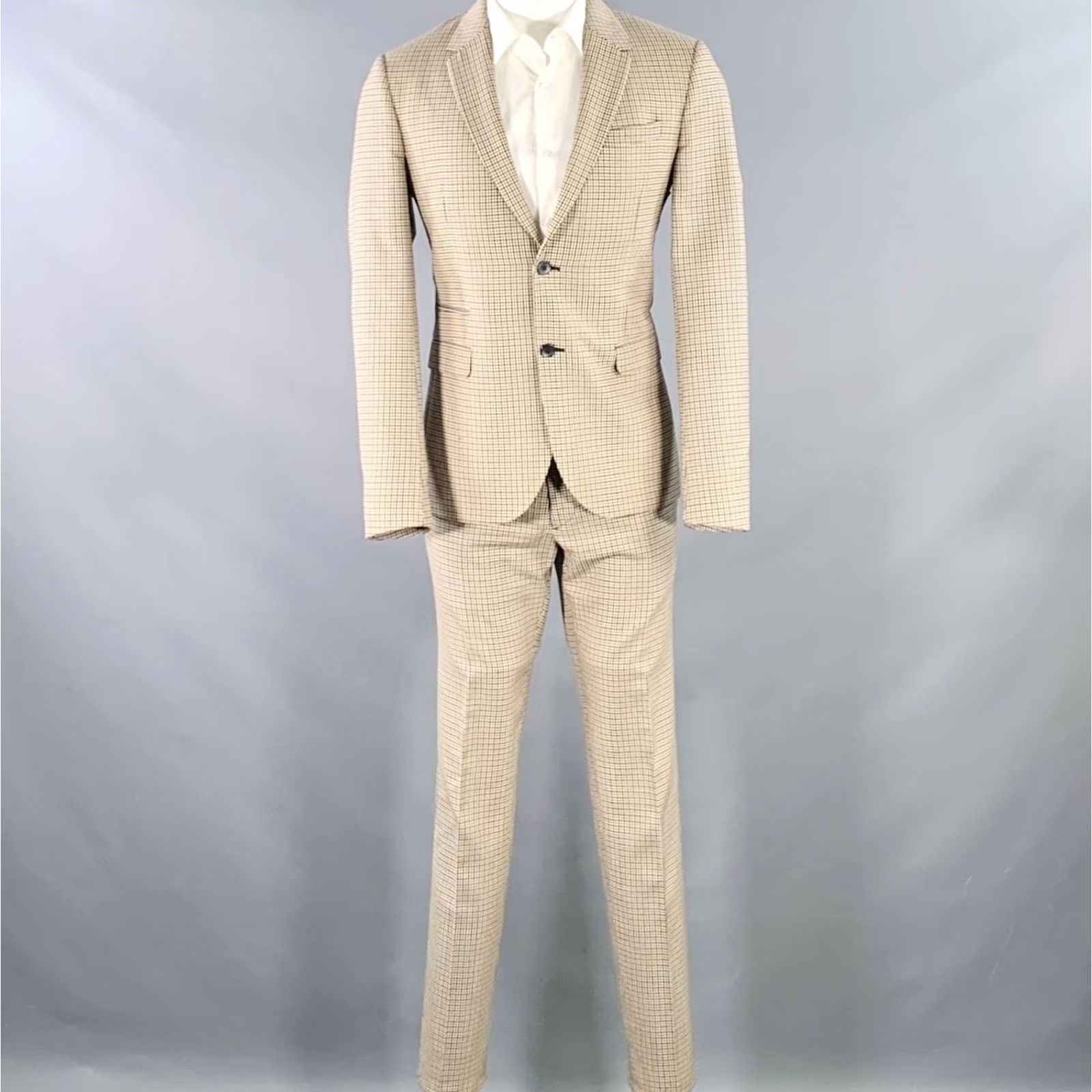 Valentino VALENTINO Suit Size 38 Tan Black White Plaid Wool Notch Lapel Size 38R - 3 Thumbnail