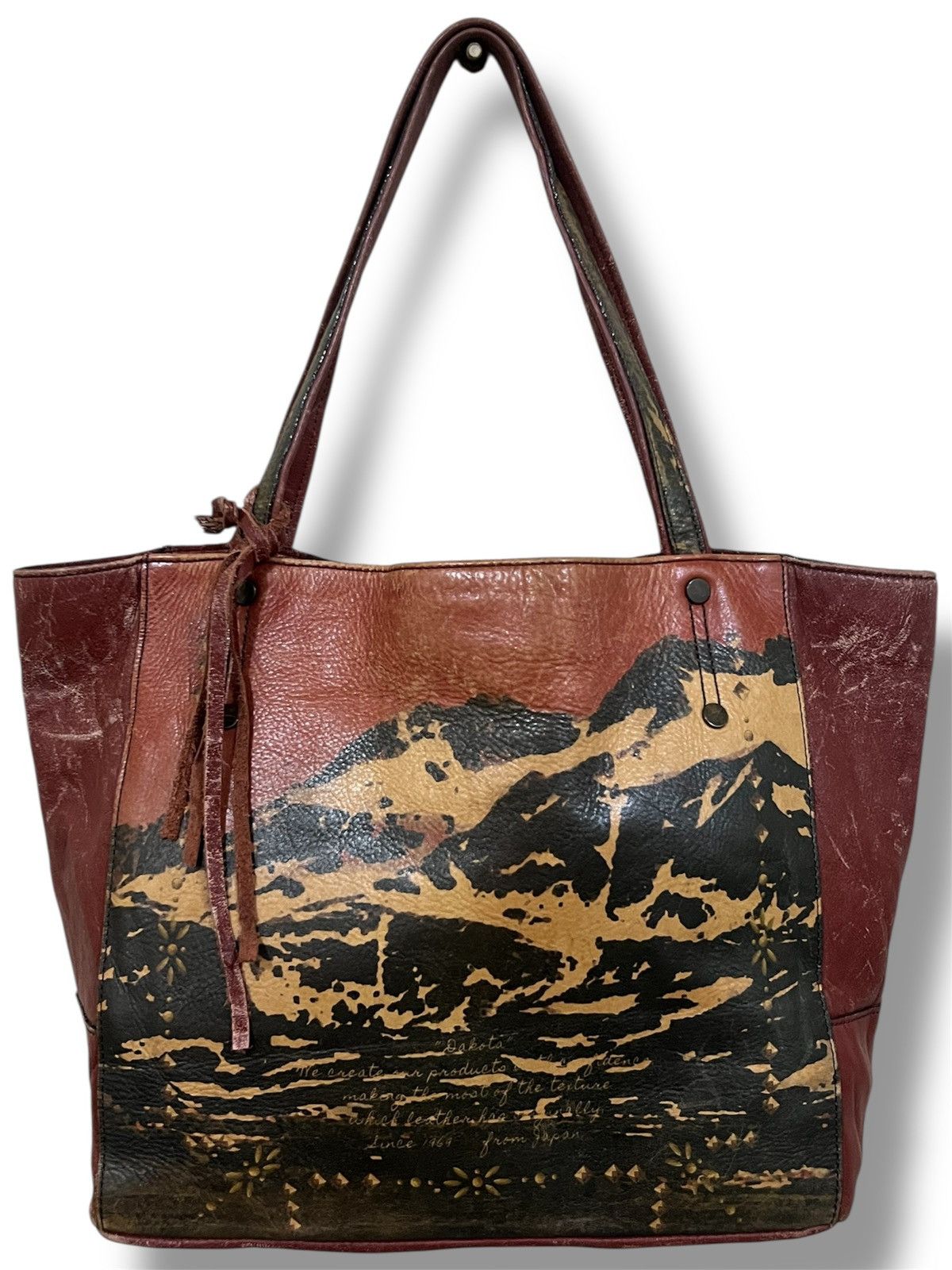 Dakota Unique Mountain Landscape Art Patina Leather Tote Bag