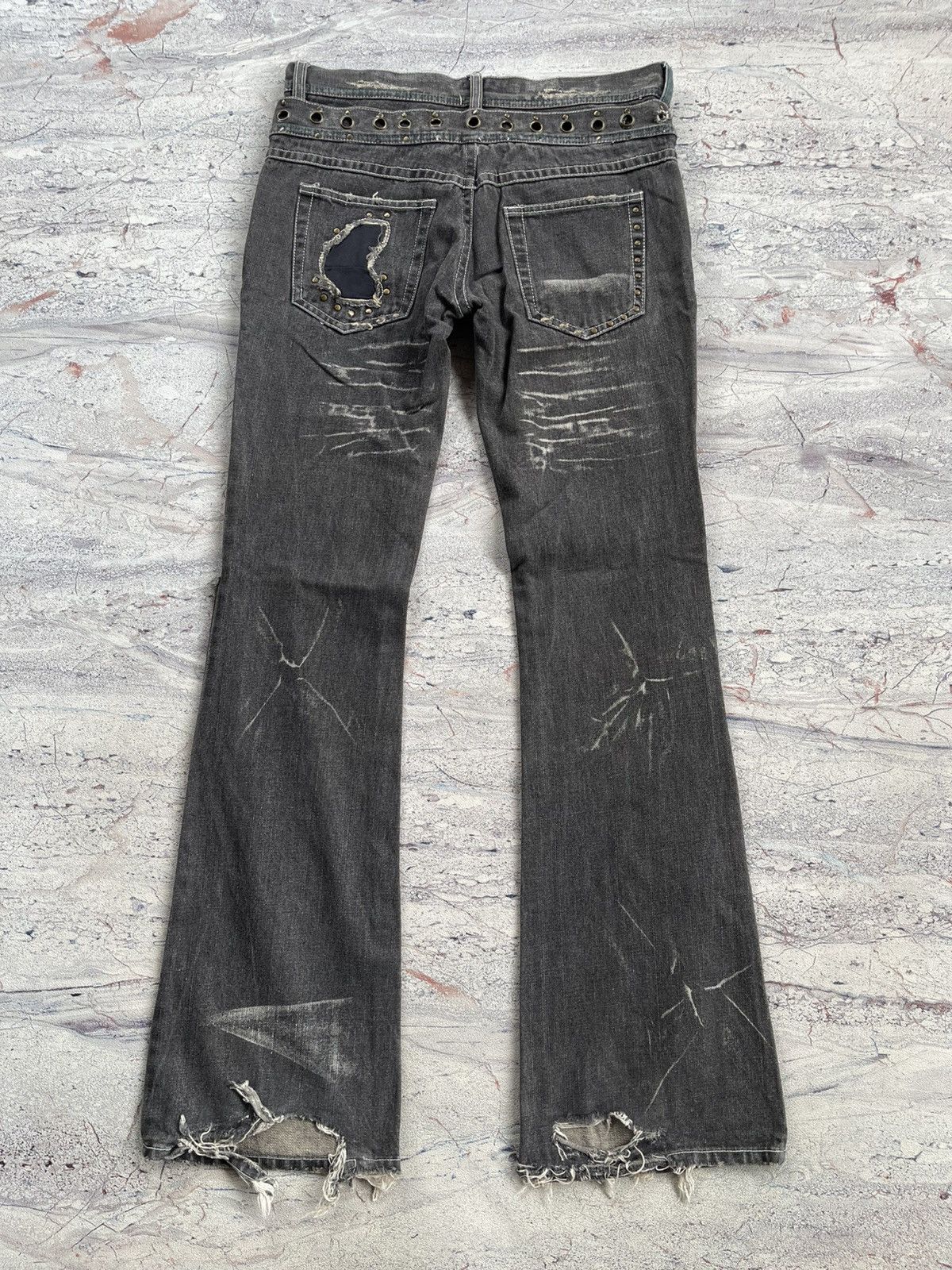 Tornado Mart Distressed Lowbox Double Waist Lace Up Flared Jeans Size US 30 / EU 46 - 2 Thumbnail