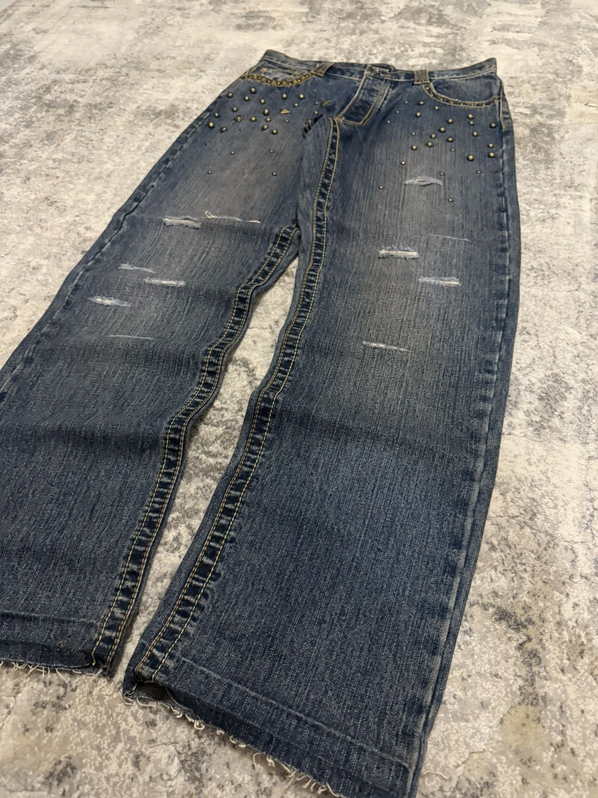 Japanese Brand Amore puro Artisanal Studded Distressed Baggy Jeans Size US 32 / EU 48 - 15 Thumbnail
