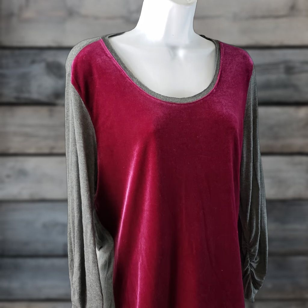 Vintage Sundance Velvet Front Top Blouse Womens L Gray Maroon Ruched Sleeve Scoop Neck Top Size L / US 10 / IT 46 - 1 Thumbnail
