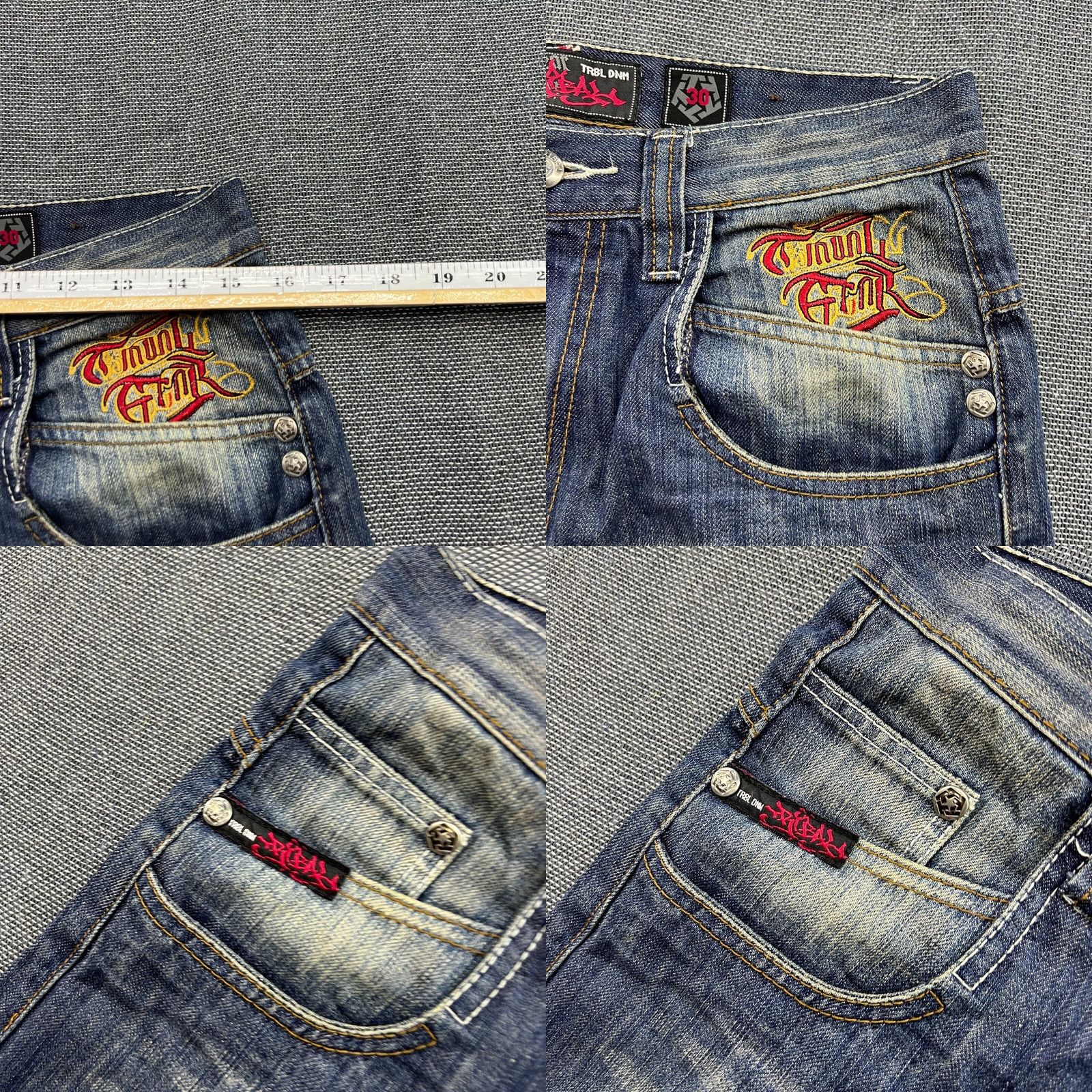 Vintage Tribal Gear Denim Shorts W31 Mens Cargo Distressed Blue Cotton Denim Jeans 38.5in Full Length Regular Rise 8-10 in W32 variant not included Size US 31 - 8 Thumbnail
