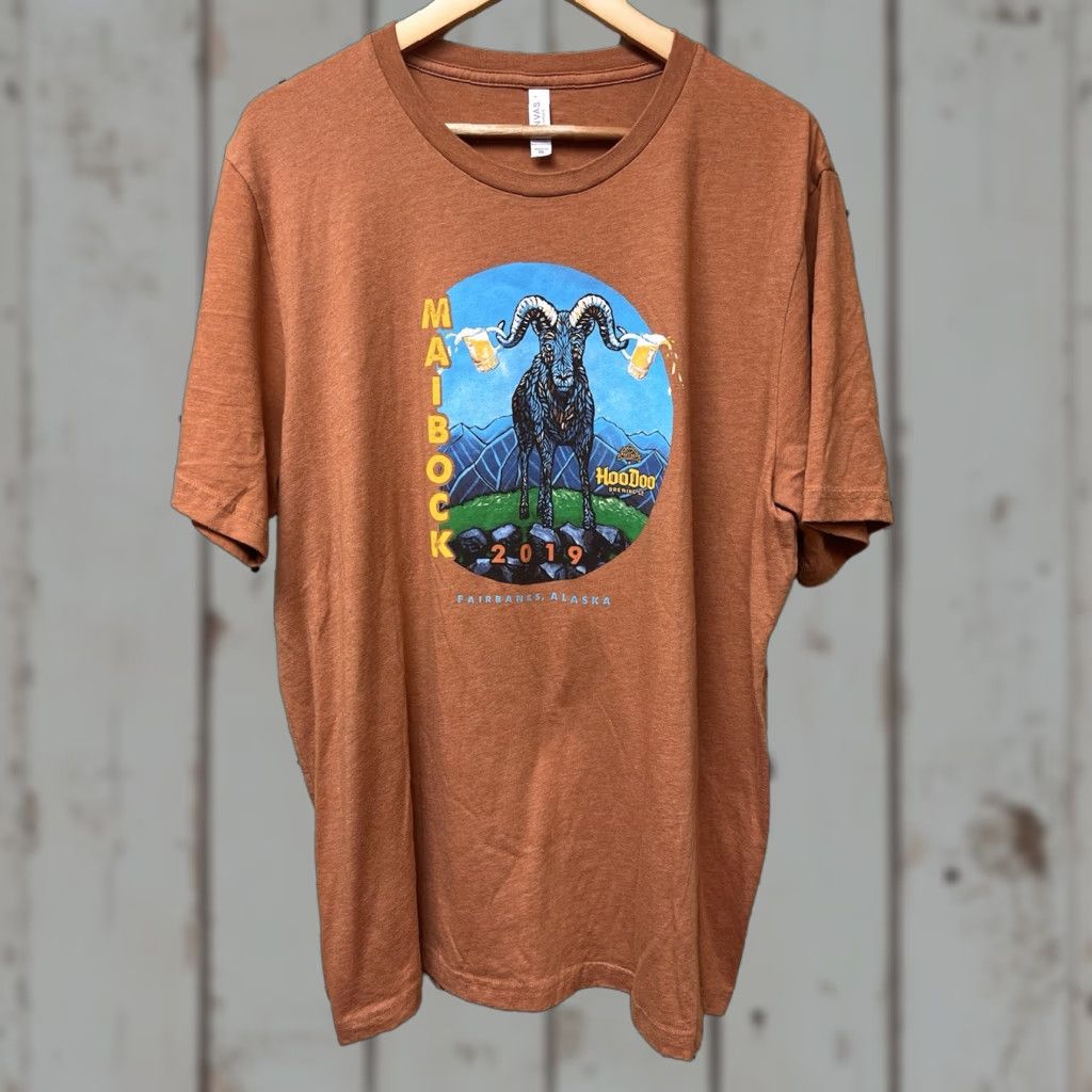 Vintage HooDoo Brewing Co. Fairbanks Alaska Beer T Shirt 2XL Brown Mountain Goat Maibock Mens T-Shirt Brown Alaska Beer 2XL Bella + Canvas Size US XXL / EU 58 / 5 - 1 Thumbnail