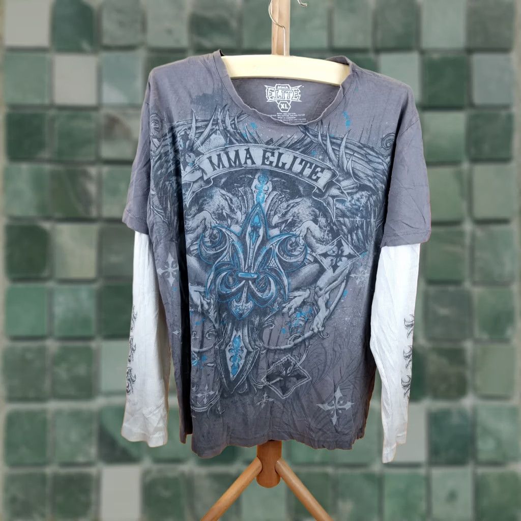Vintage VINTAGE MMA ELITE T-Shirt XL Gray Long Sleeve Thermal Double Layer SLEVEE 19" Cross Shoulder 22" Chest 25" Shoulder to Cuff 26" Top to Bottom Mens Size US XL / EU 56 / 4 - 1 Thumbnail