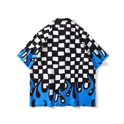 Handmade Checker Fire Print Graphic Short Sleeve Button Up Shirt Size US XL / EU 56 / 4 - 4 Thumbnail