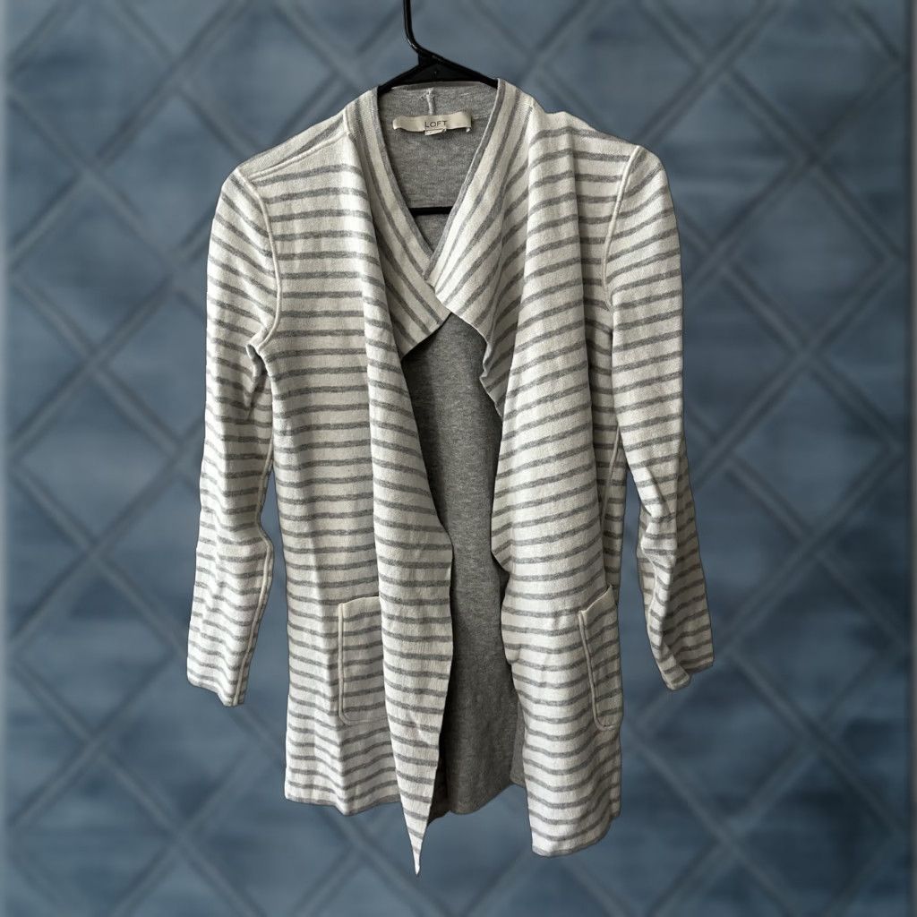 Loft Loft Cardigan Womens Small Gray White Striped Waterfall Cotton Sweater Size S / US 4 / IT 40 - 1 Thumbnail