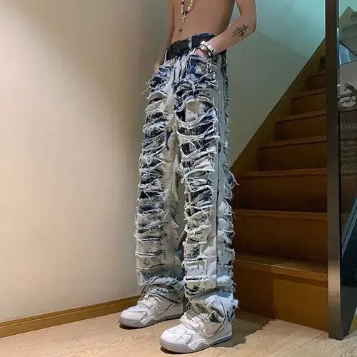 image of Y2K Vintage Retro Hip Hop Ripped Jeans Pants in Blue, Men's (Size 30)