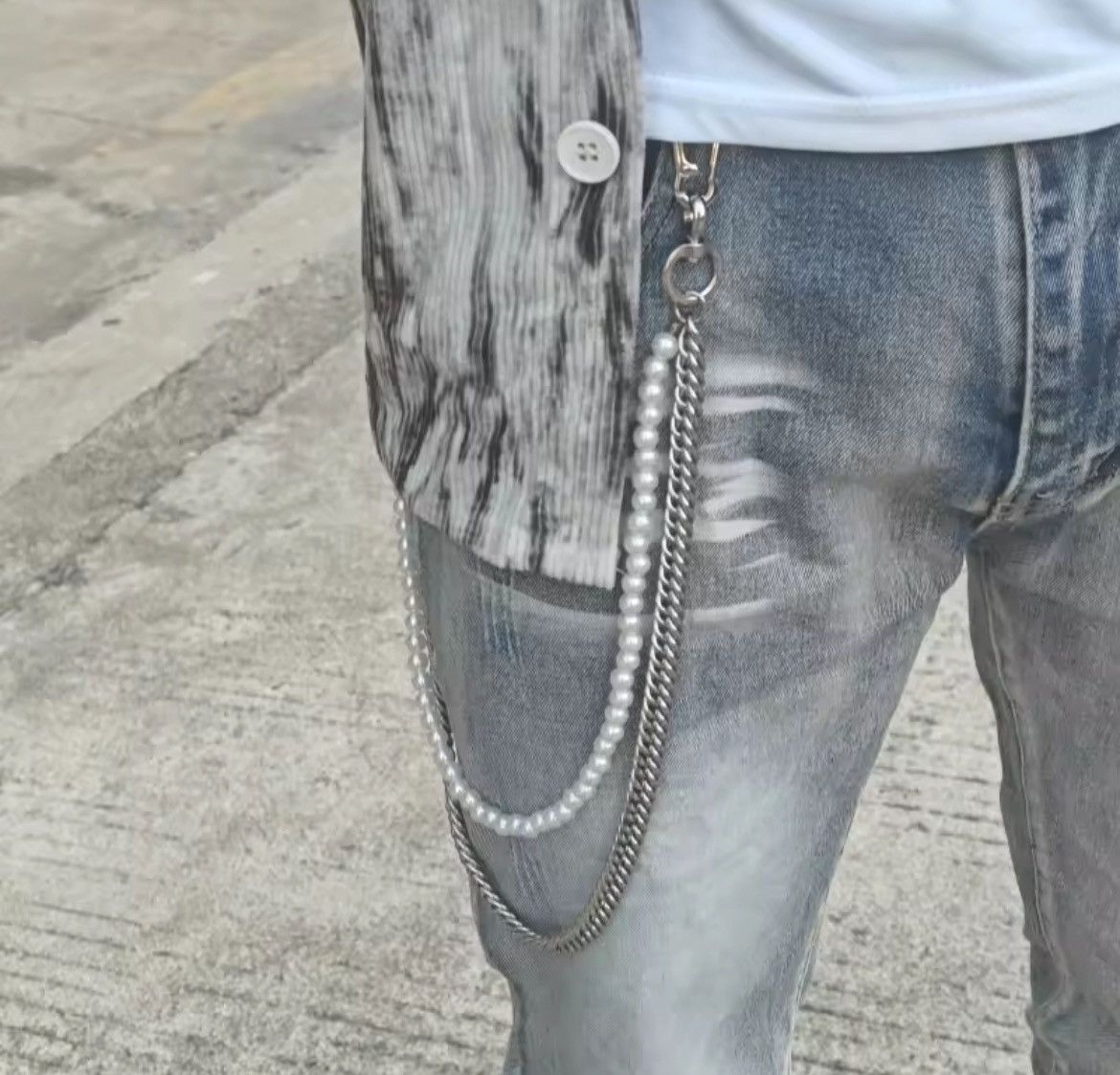 Jewelry 2Layer Steel Pearl Pants Chain in Silver, Men's