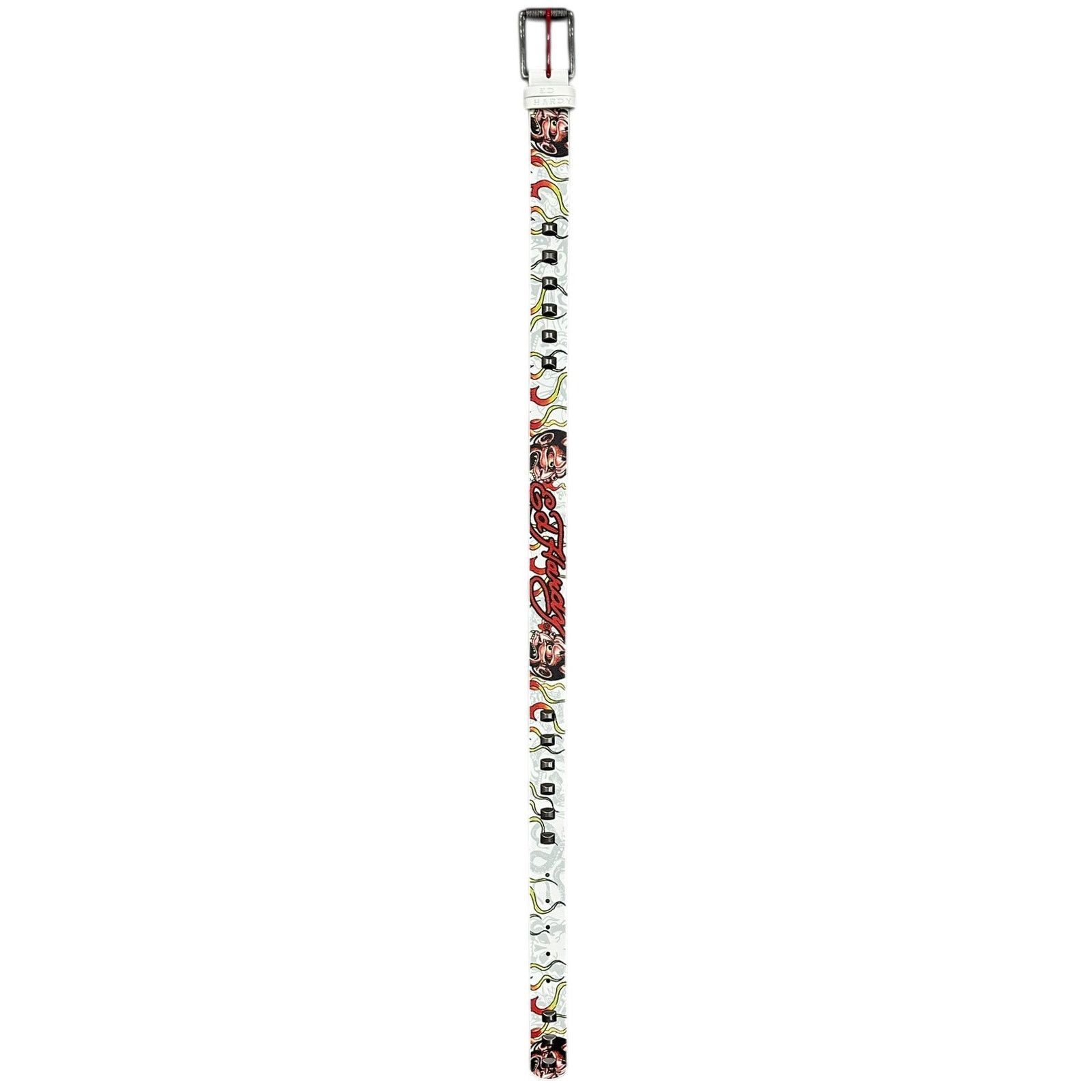 Ed Hardy Ed Hardy Men's Devil In Flames White Belt With Metal Studs Size 42 - 4 Thumbnail