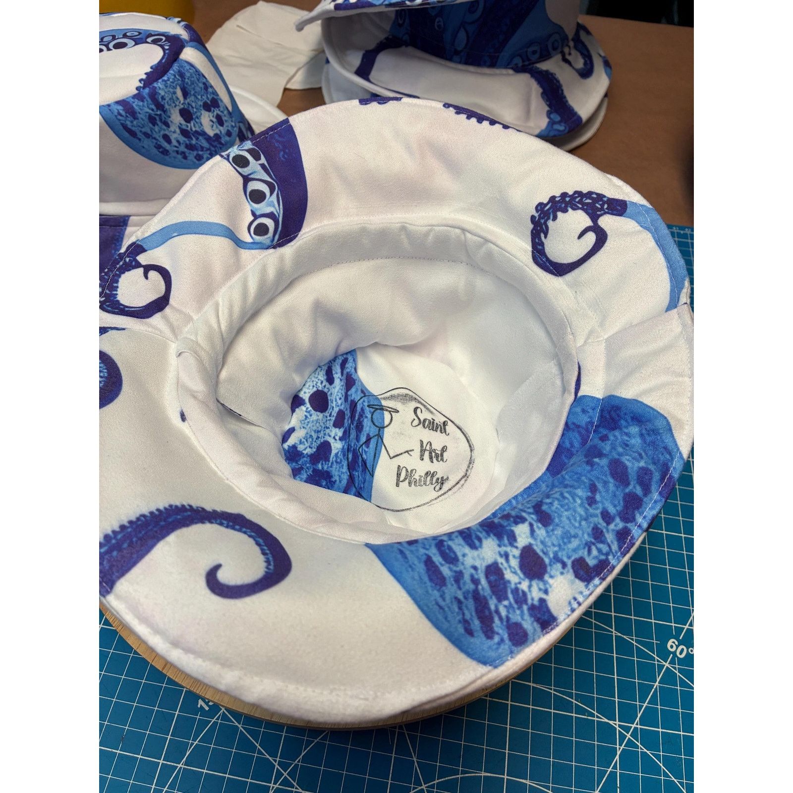 Other Upcycled Coastal Bucket Hat – Blue & White Octopus Print, Size ONE SIZE - 12 Thumbnail